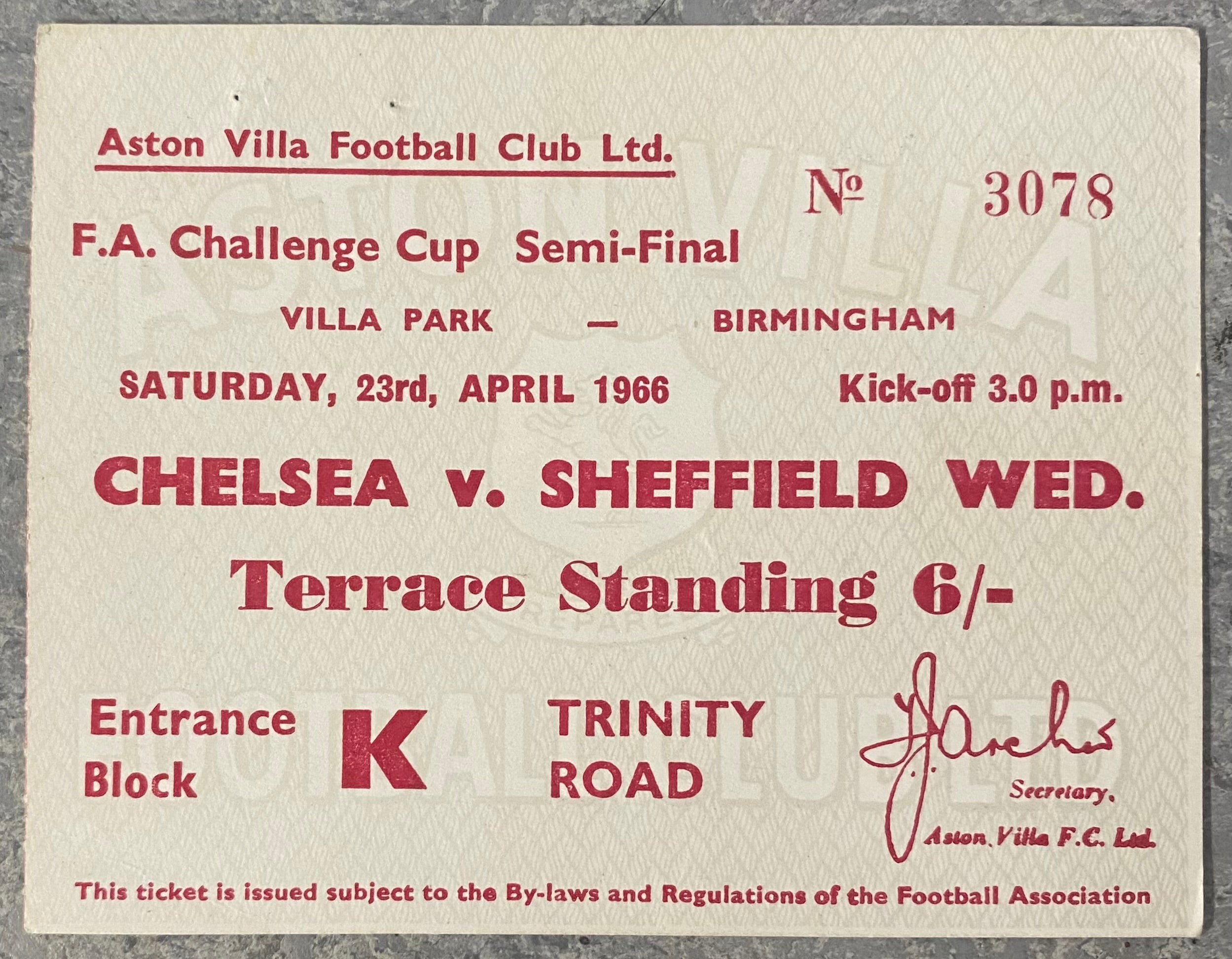 1966 ORIGINAL FA CUP SEMI FINAL TICKET CHELSEA V SHEFFIELD WEDNESDAY @VILLA PARK