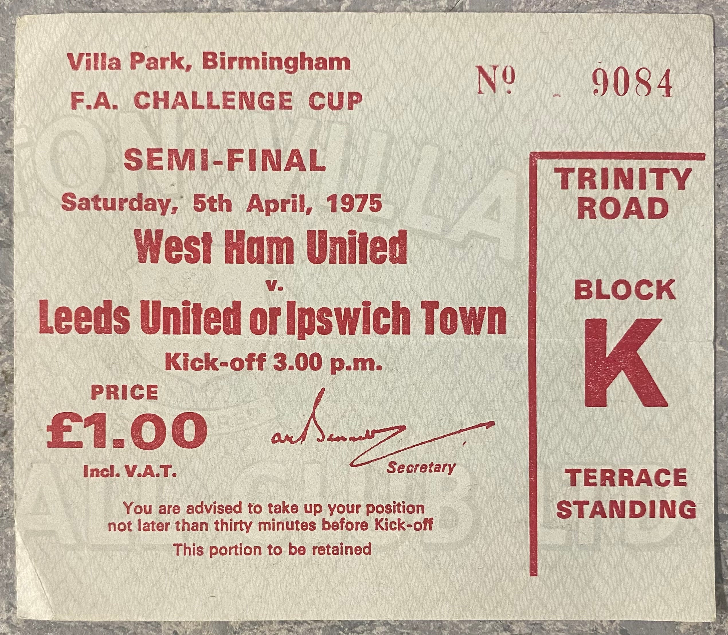 1975 ORIGINAL FA CUP SEMI FINAL TICKET WEST HAM UNITED V IPSWICH TOWN @ VILLA PARK