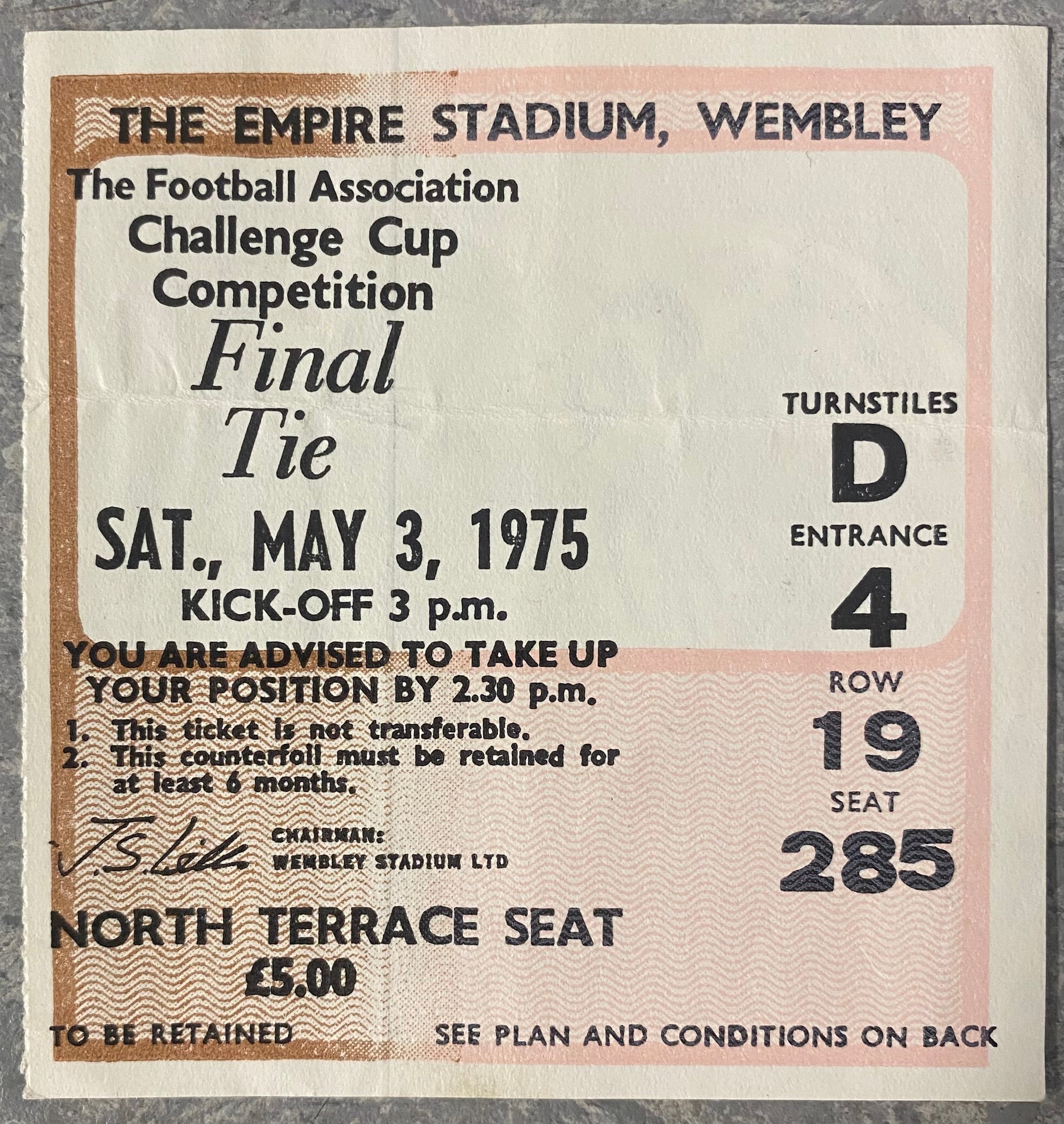 1975 ORIGINAL FA CUP FINAL TICKET WEST HAM UNITED V FULHAM