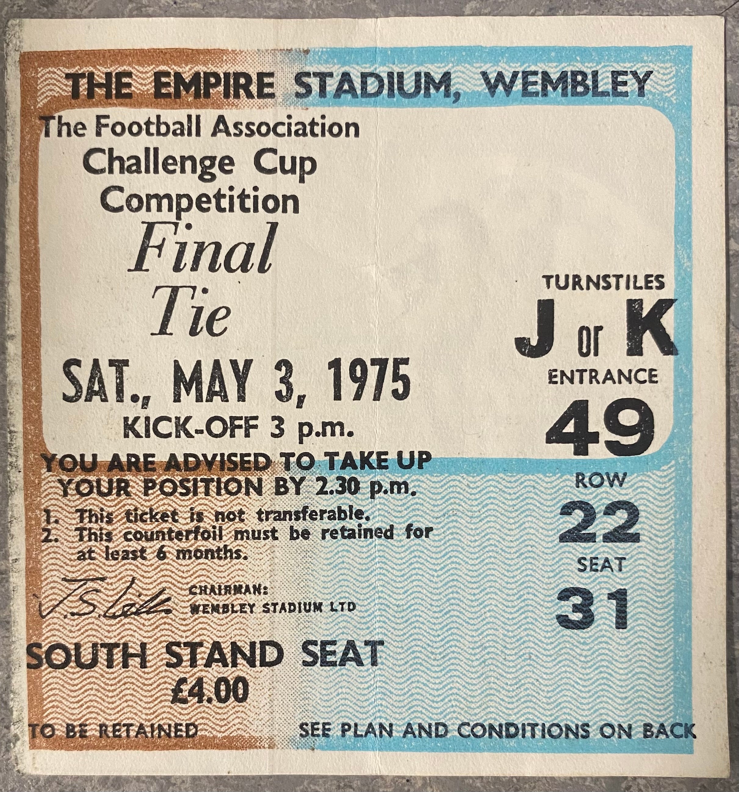 1975 ORIGINAL FA CUP FINAL TICKET WEST HAM UNITED V FULHAM