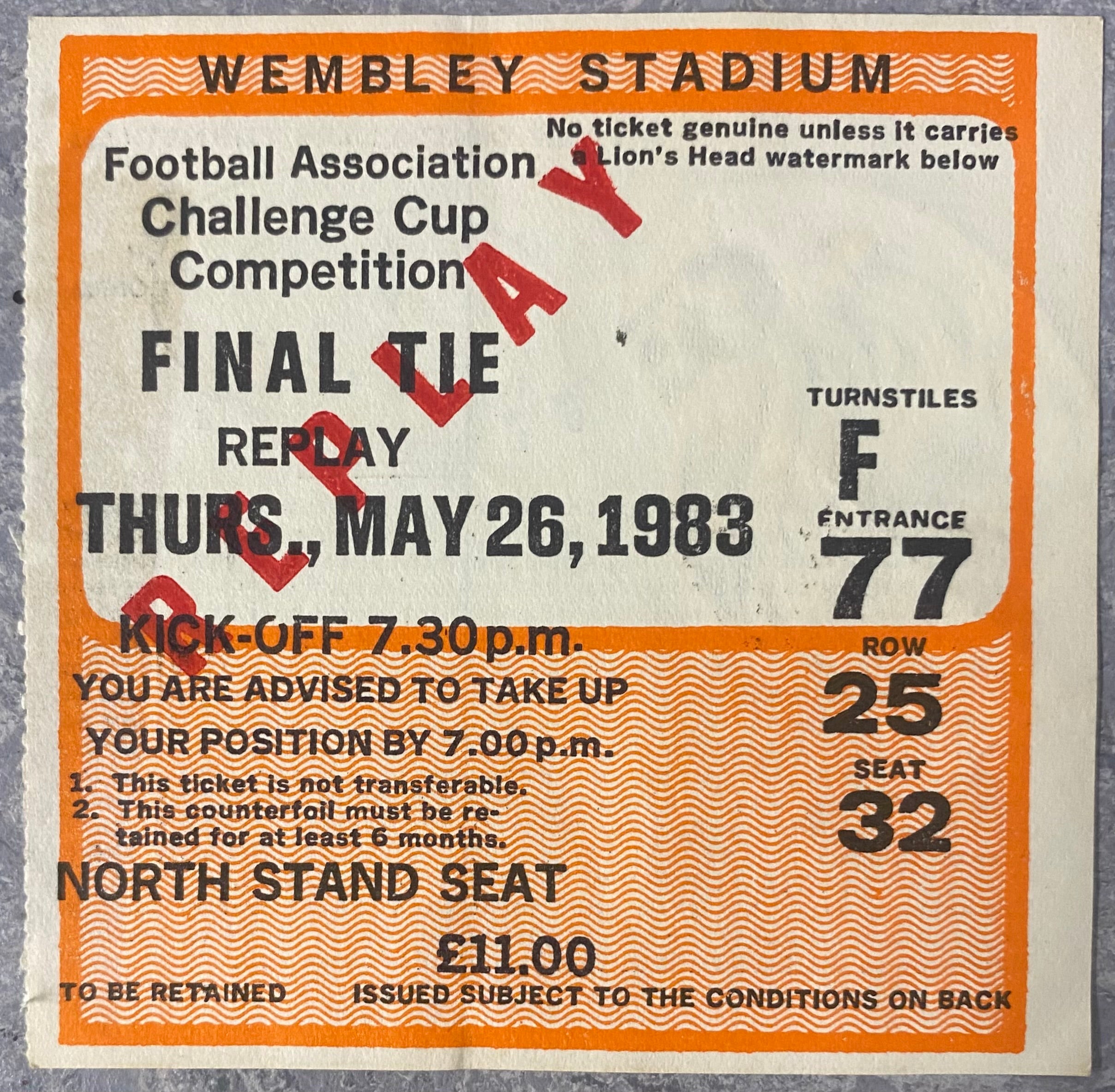 1983 ORIGINAL FA CUP FINAL REPLAY TICKET BRIGHTON AND HOVE ALBION V MANCHESTER UNITED