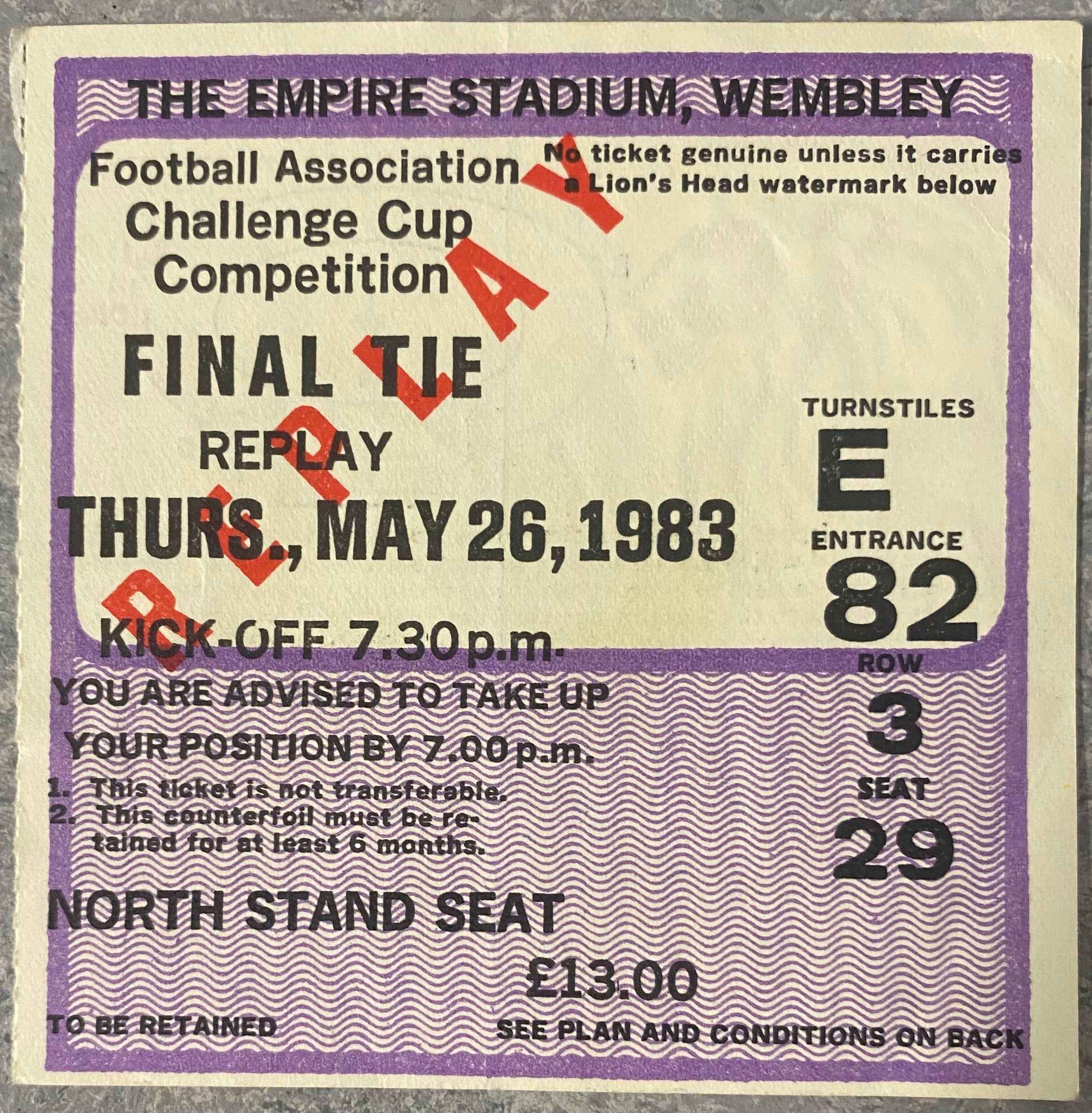 1983 ORIGINAL FA CUP FINAL REPLAY TICKET BRIGHTON AND HOVE ALBION V MANCHESTER UNITED