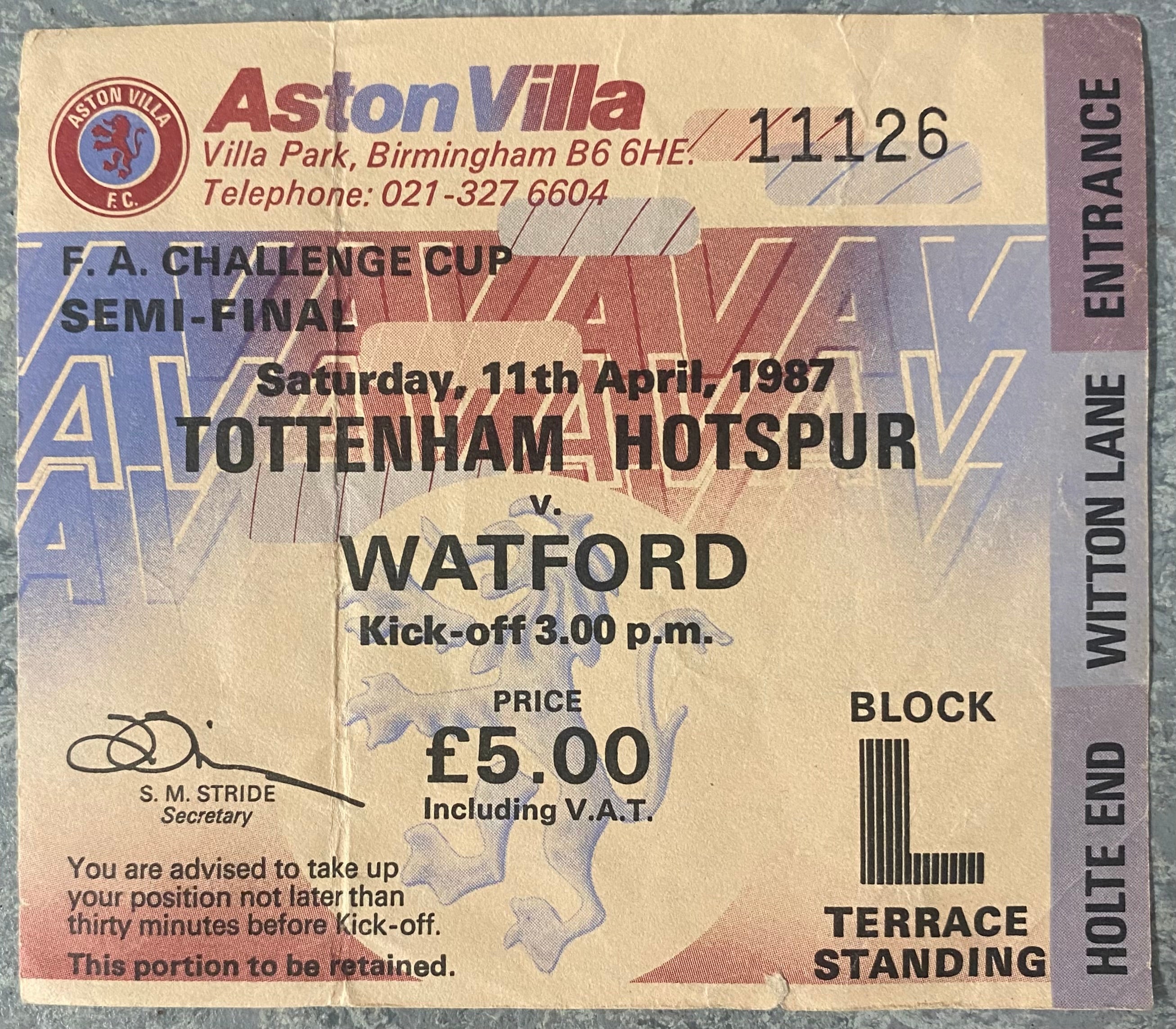 1987 ORIGINAL FA CUP SEMI FINAL TICKET WATFORD V TOTTENHAM HOTSPUR @ VILLA PARK