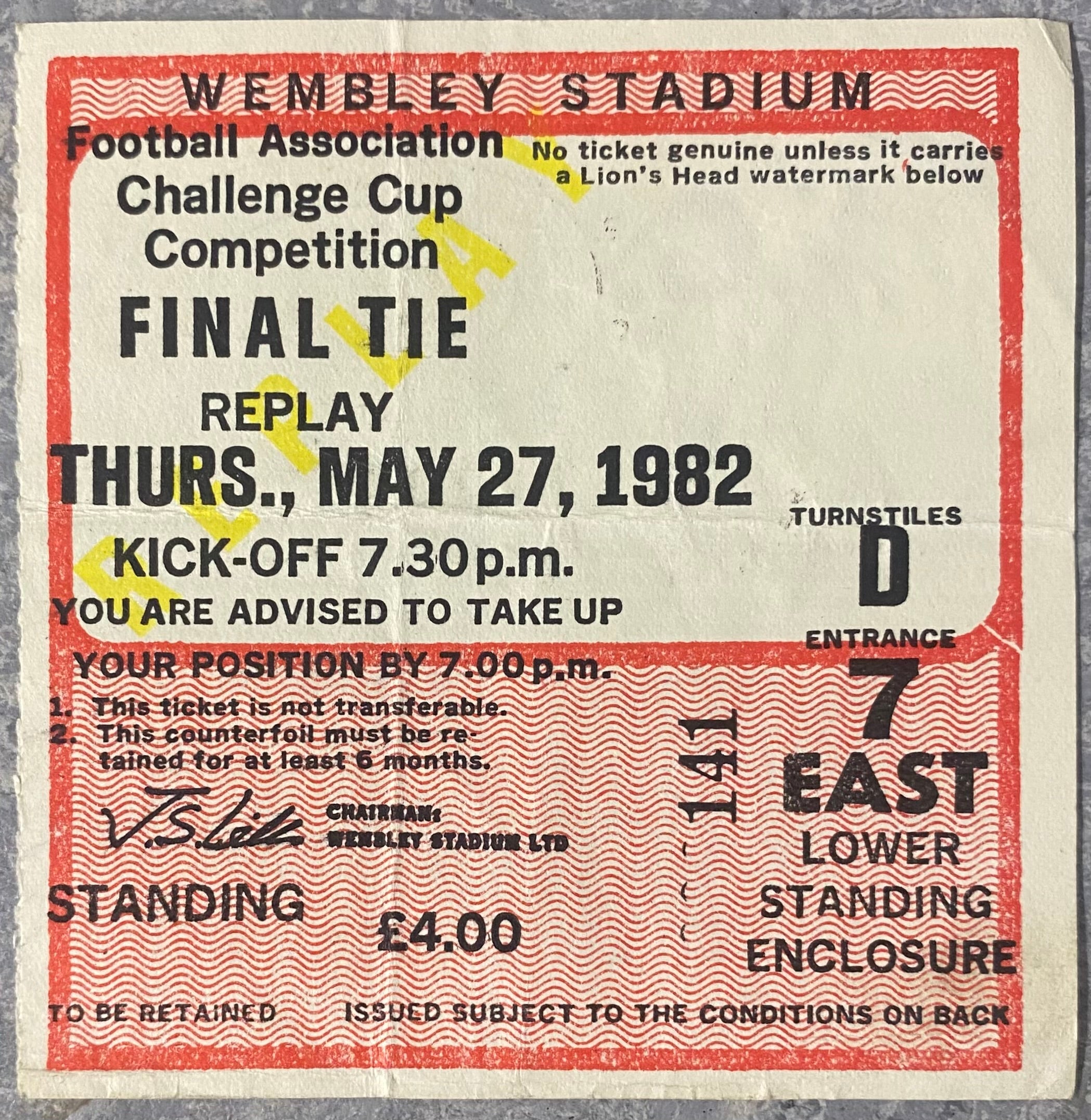 1982 ORIGINAL FA CUP FINAL REPLAY TICKET TOTTENHAM HOTSPUR V QUEENS PARK RANGERS