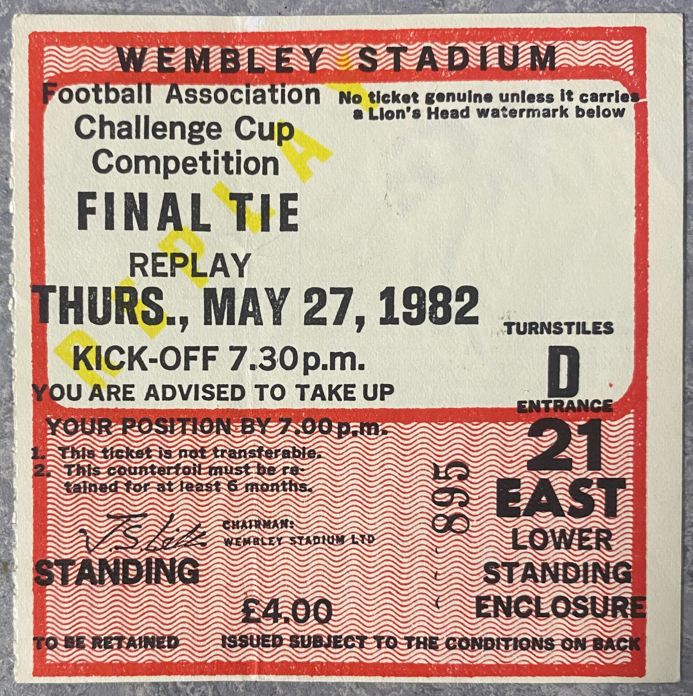 1982 ORIGINAL FA CUP FINAL REPLAY TICKET TOTTENHAM HOTSPUR V QUEENS PARK RANGERS