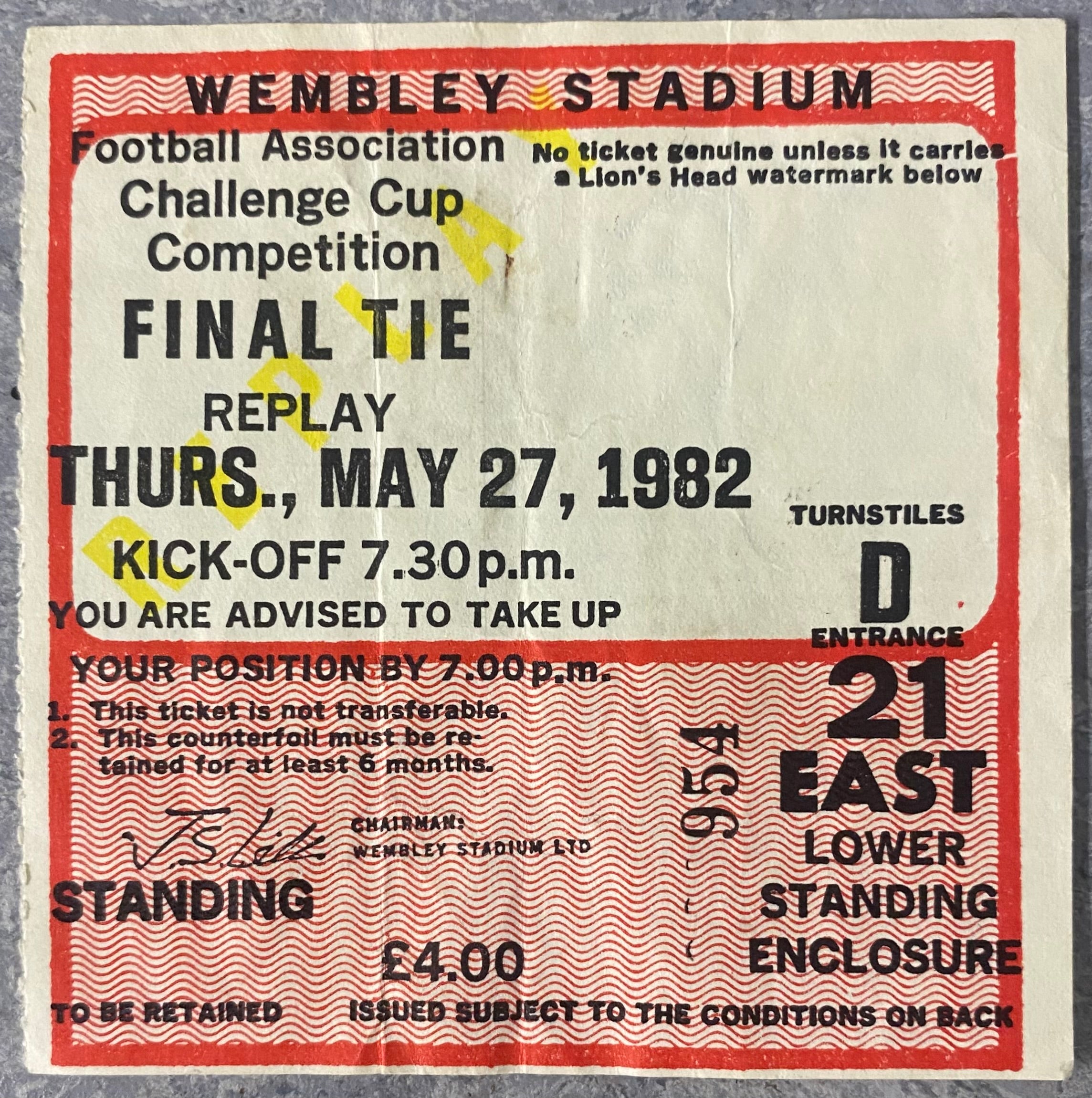 1982 ORIGINAL FA CUP FINAL REPLAY TICKET TOTTENHAM HOTSPUR V QUEENS PARK RANGERS