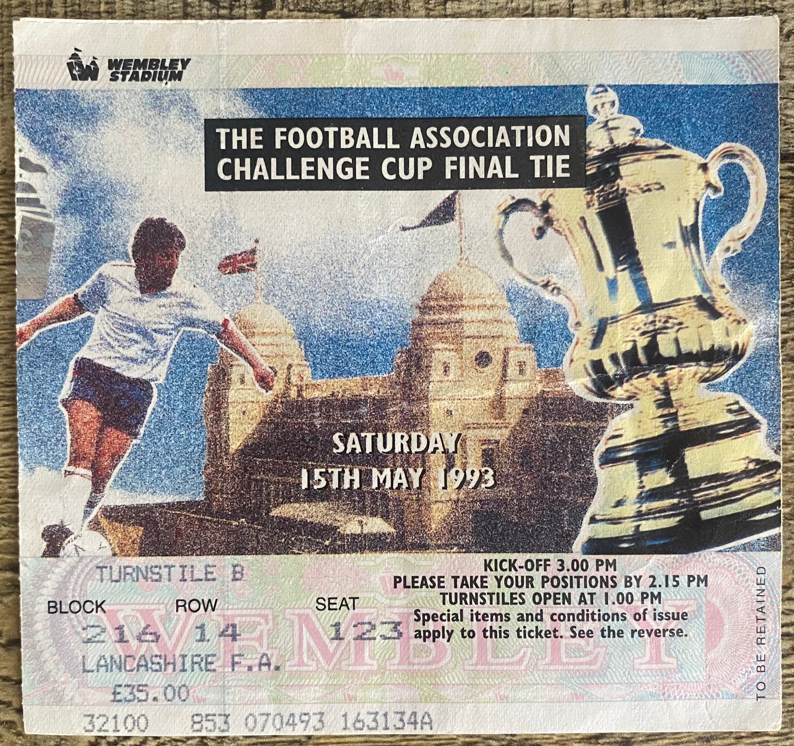 1993 ORIGINAL FA CUP FINAL TICKET ARSENAL V SHEFFIELD WEDNESDAY
