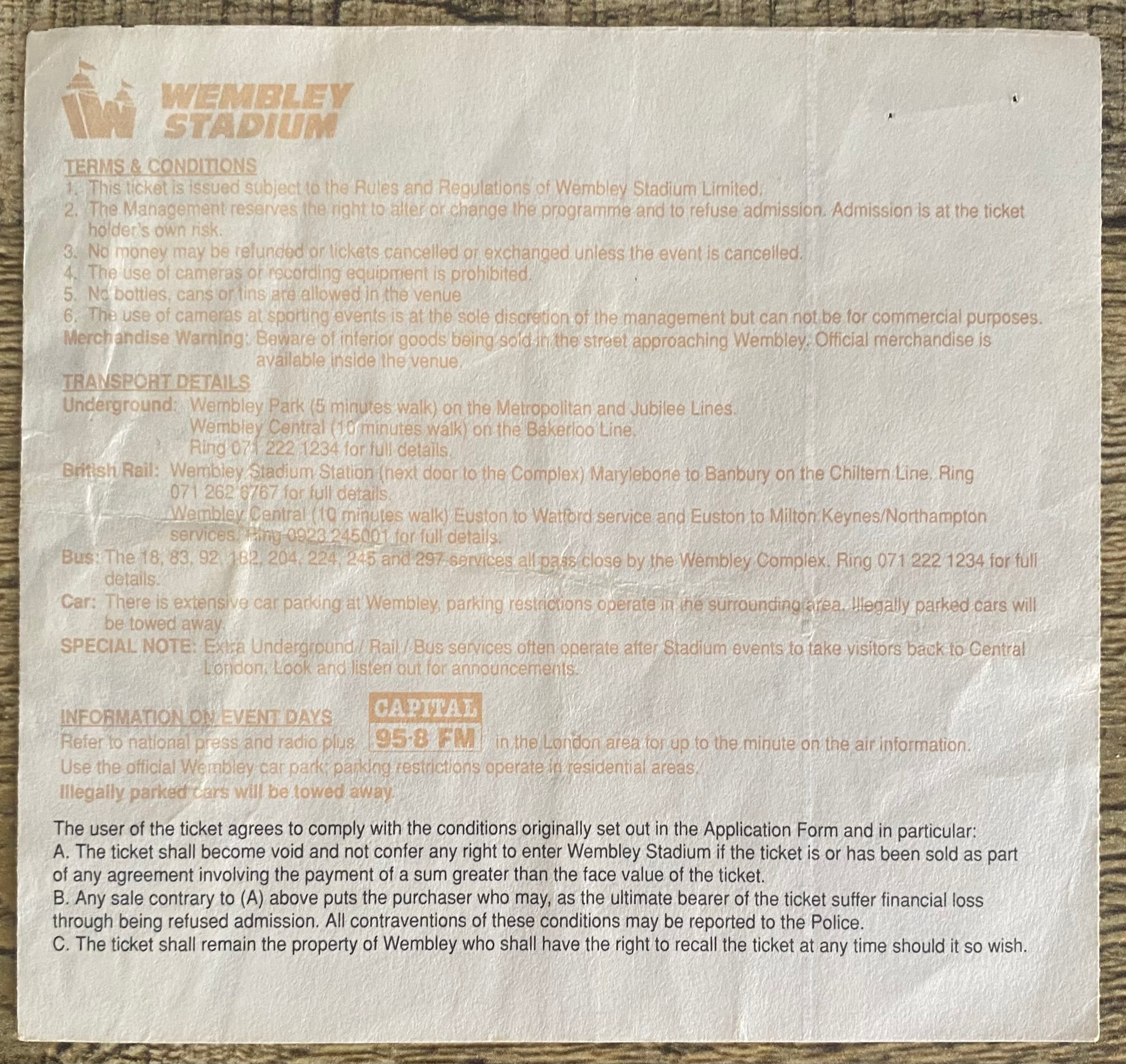 1993 ORIGINAL FA CUP FINAL TICKET ARSENAL V SHEFFIELD WEDNESDAY