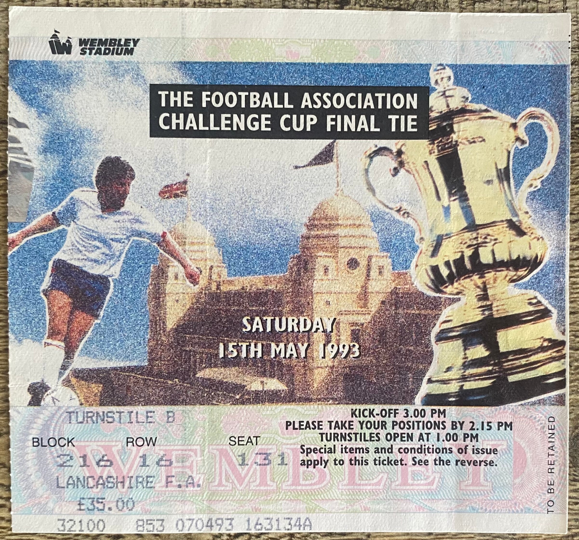 1993 ORIGINAL FA CUP FINAL TICKET ARSENAL V SHEFFIELD WEDNESDAY