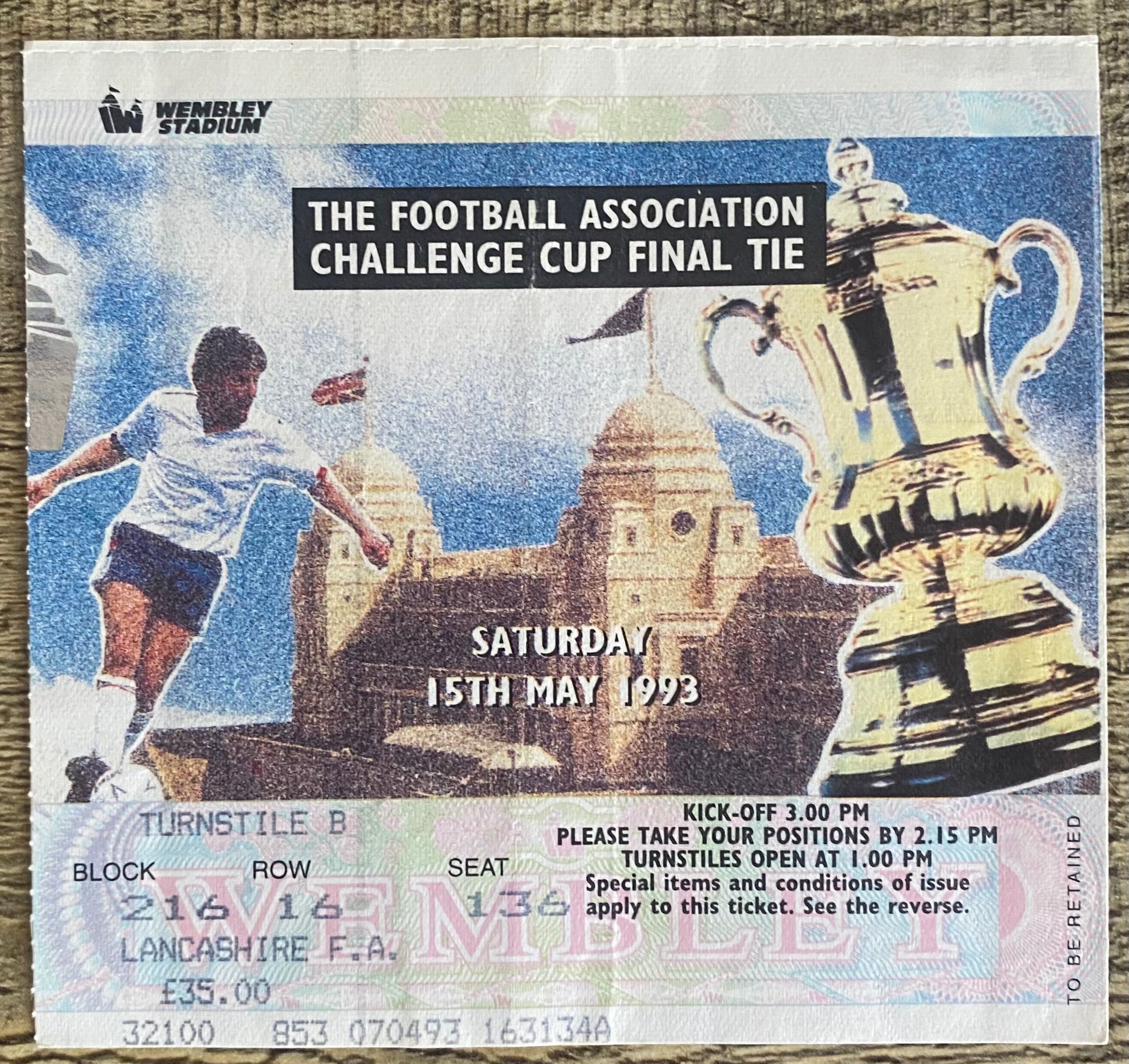 1993 ORIGINAL FA CUP FINAL TICKET ARSENAL V SHEFFIELD WEDNESDAY