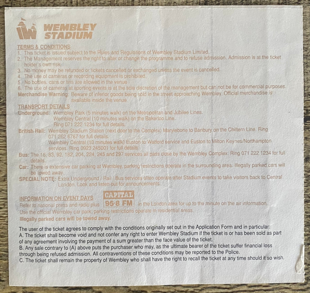 1993 ORIGINAL FA CUP FINAL TICKET ARSENAL V SHEFFIELD WEDNESDAY