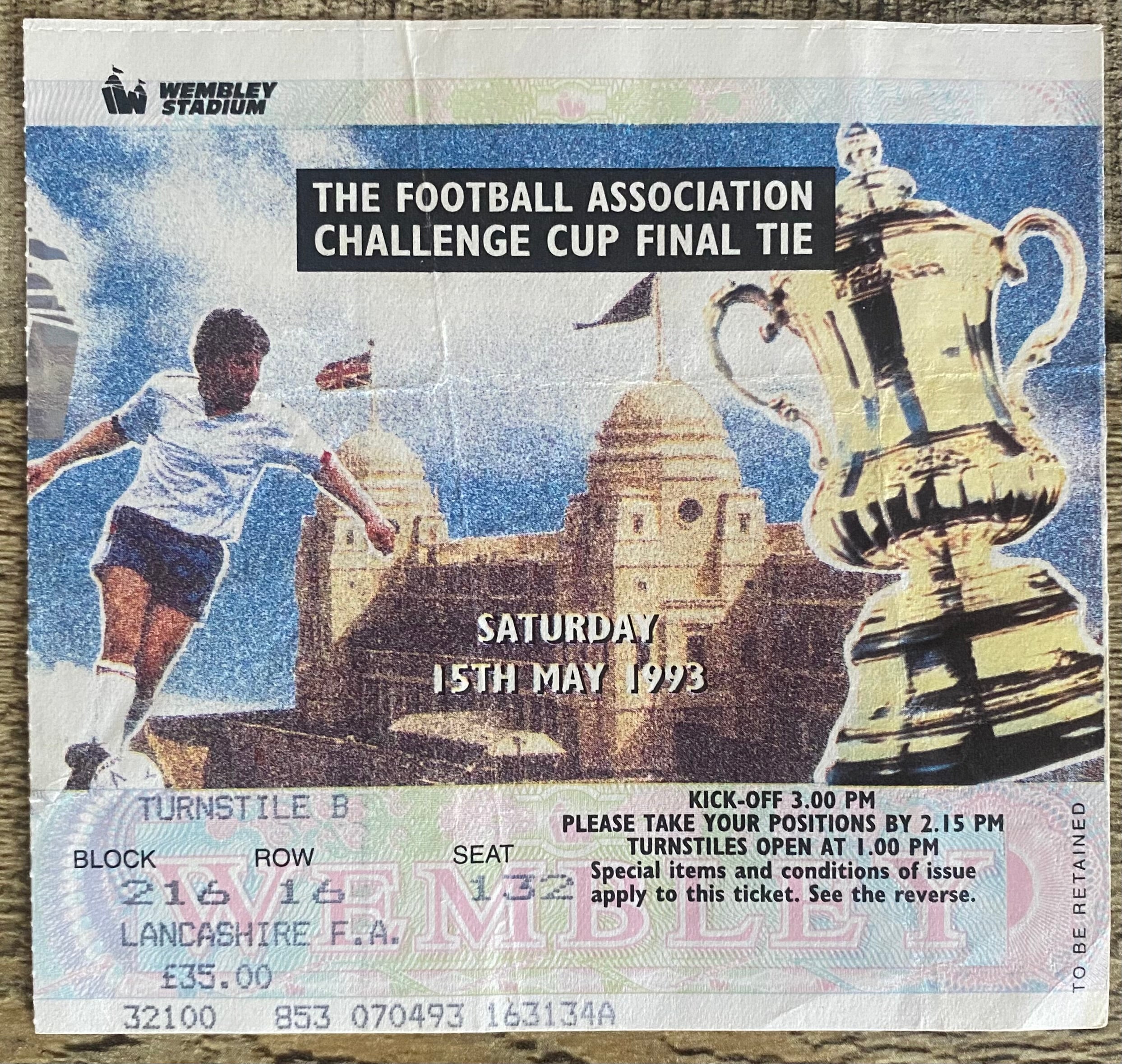1993 ORIGINAL FA CUP FINAL TICKET ARSENAL V SHEFFIELD WEDNESDAY