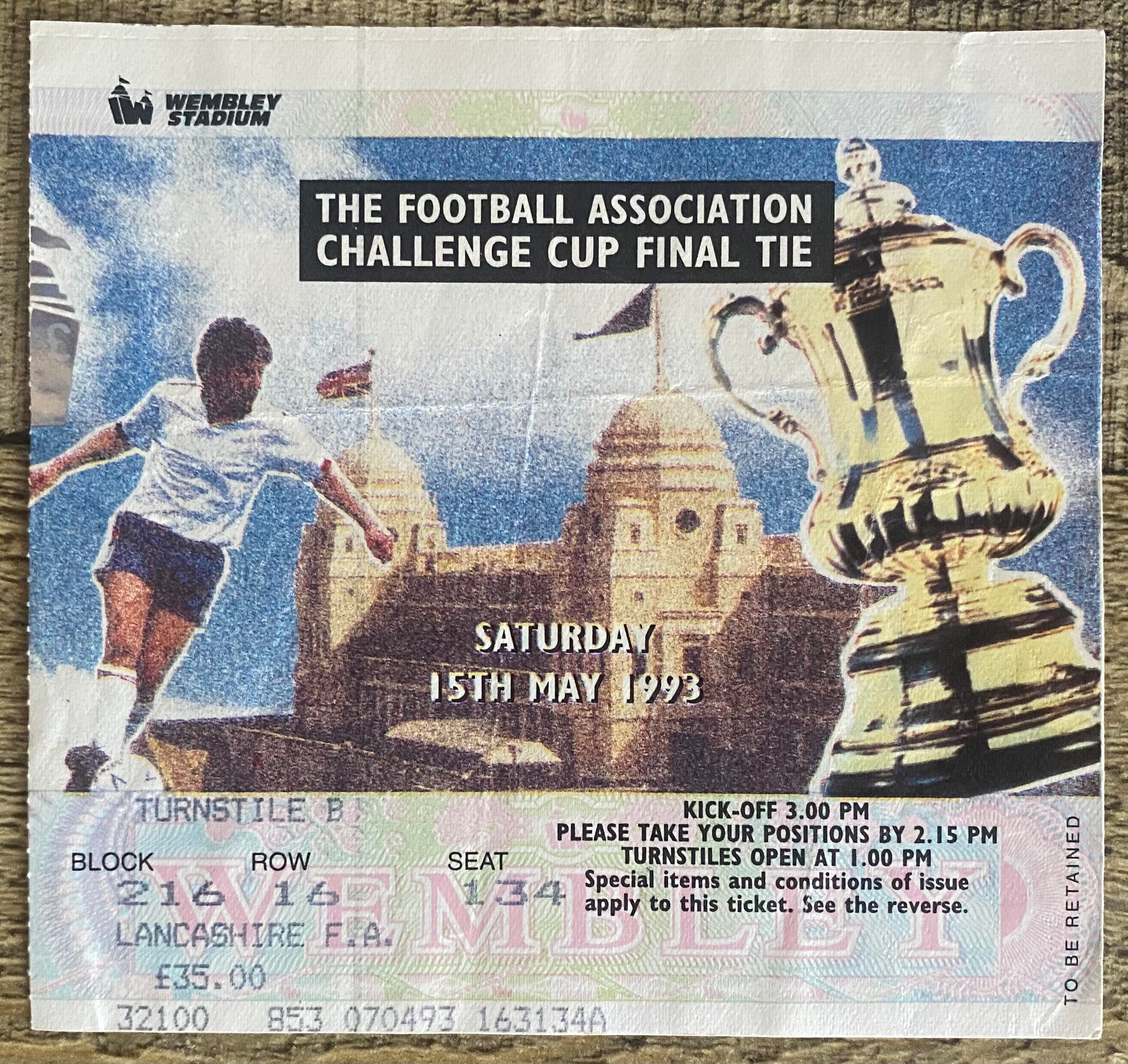 1993 ORIGINAL FA CUP FINAL TICKET ARSENAL V SHEFFIELD WEDNESDAY