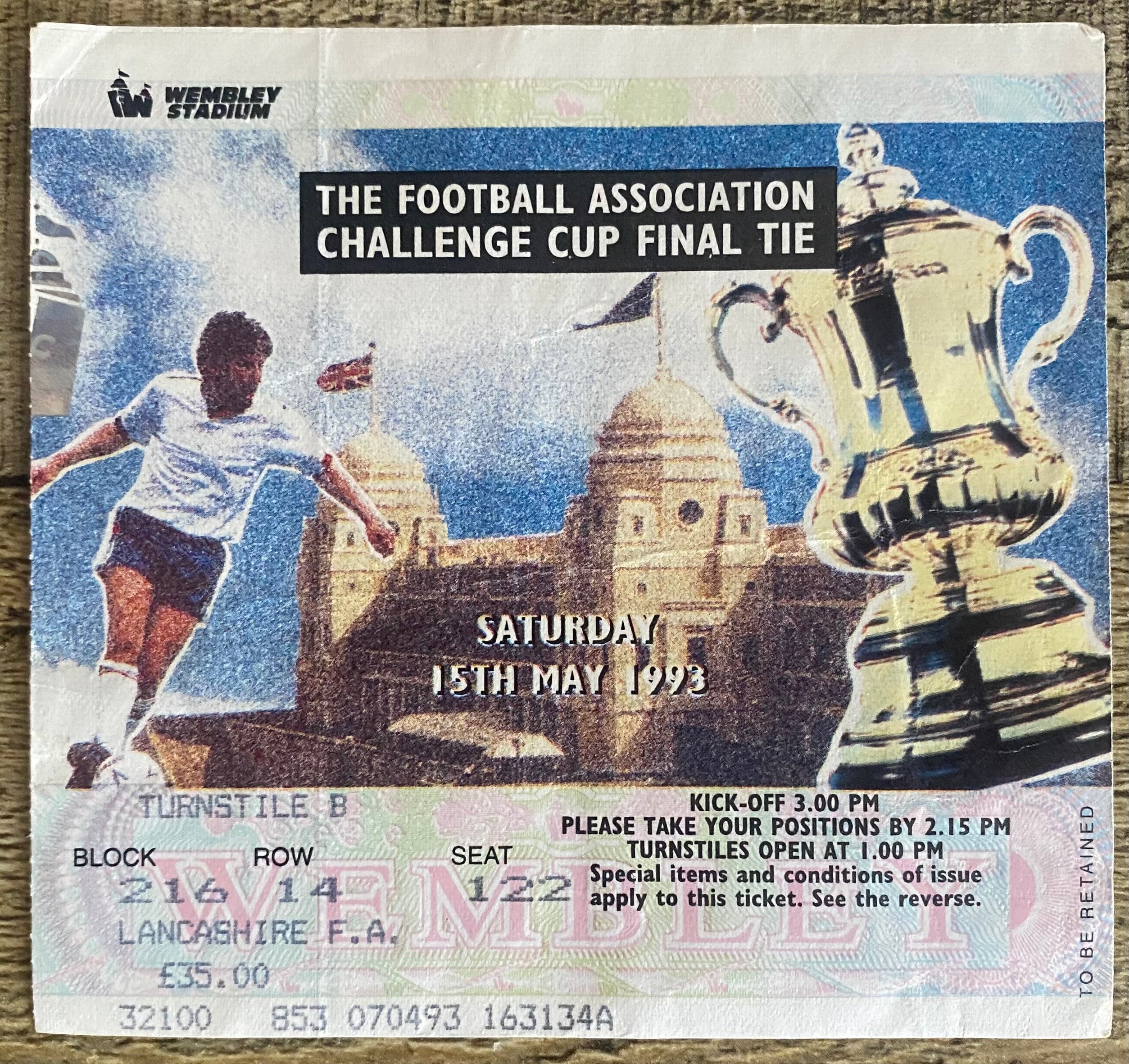 1993 ORIGINAL FA CUP FINAL TICKET ARSENAL V SHEFFIELD WEDNESDAY