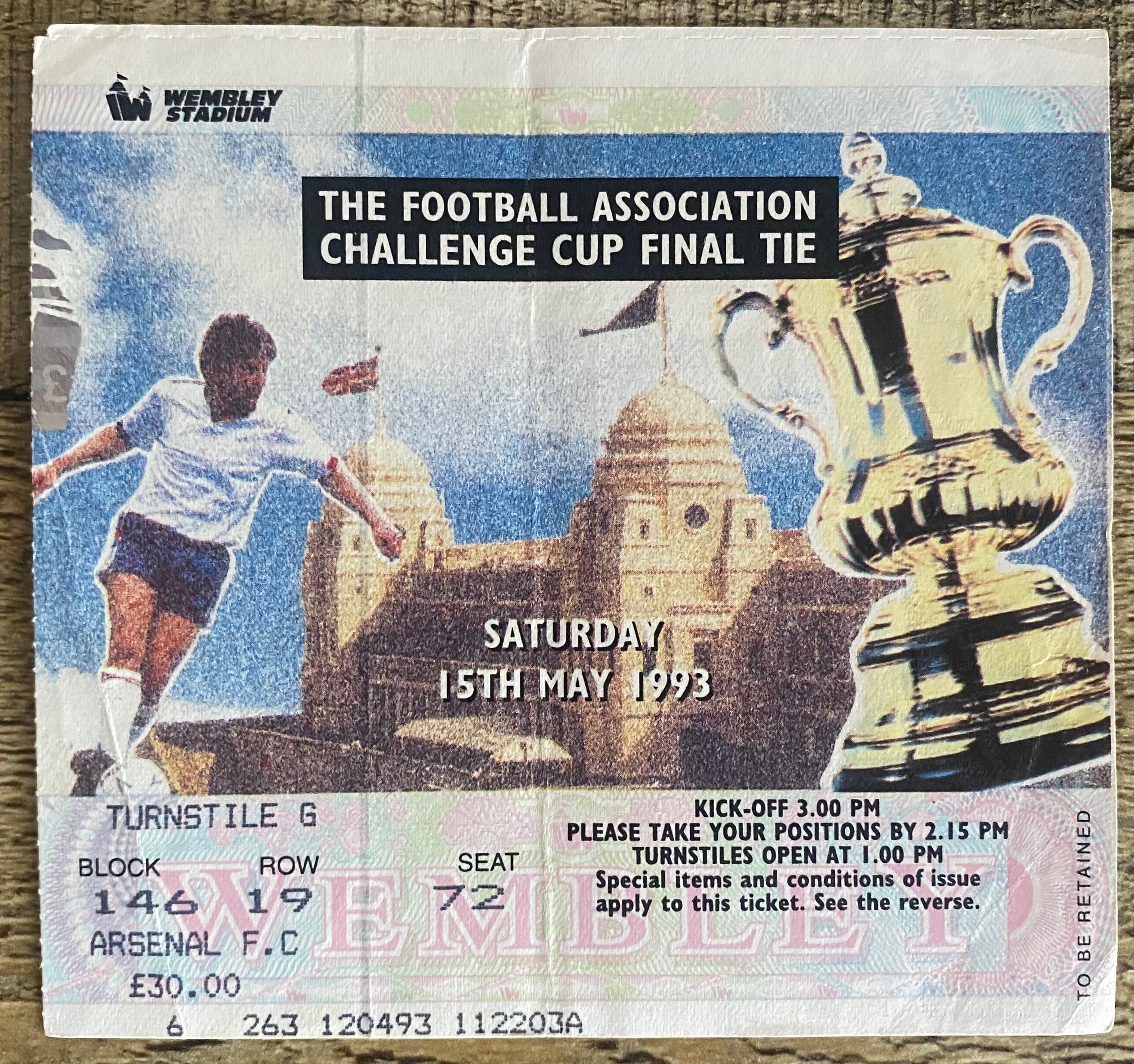 1993 ORIGINAL FA CUP FINAL TICKET ARSENAL V SHEFFIELD WEDNESDAY