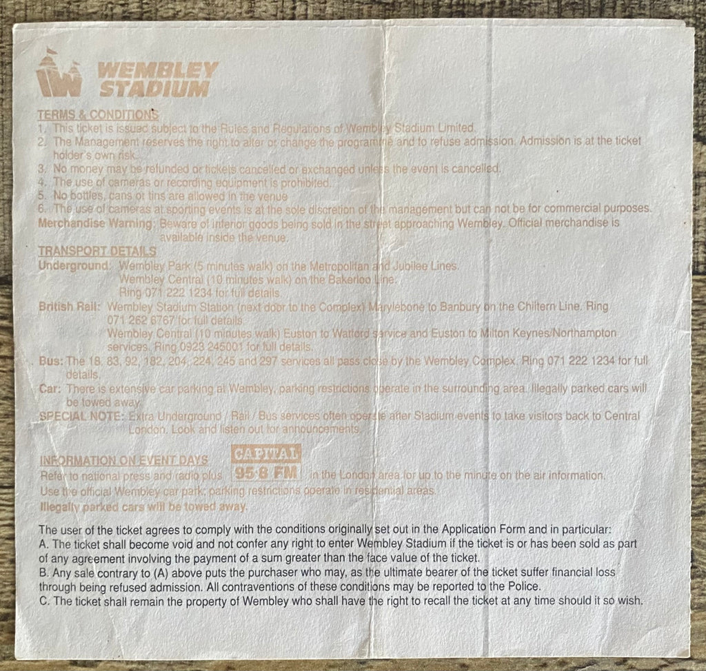 1993 ORIGINAL FA CUP FINAL TICKET ARSENAL V SHEFFIELD WEDNESDAY