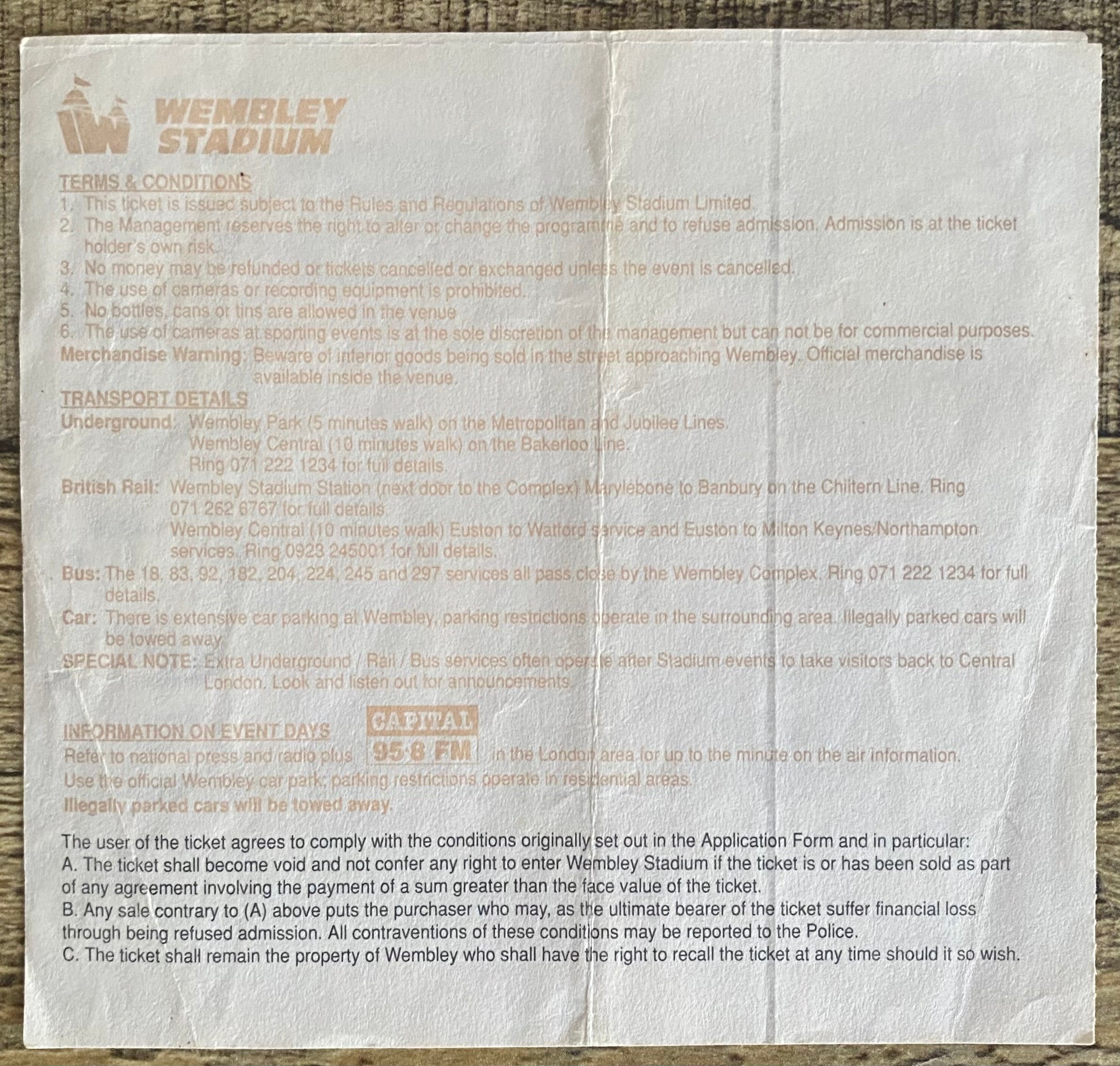 1993 ORIGINAL FA CUP FINAL TICKET ARSENAL V SHEFFIELD WEDNESDAY