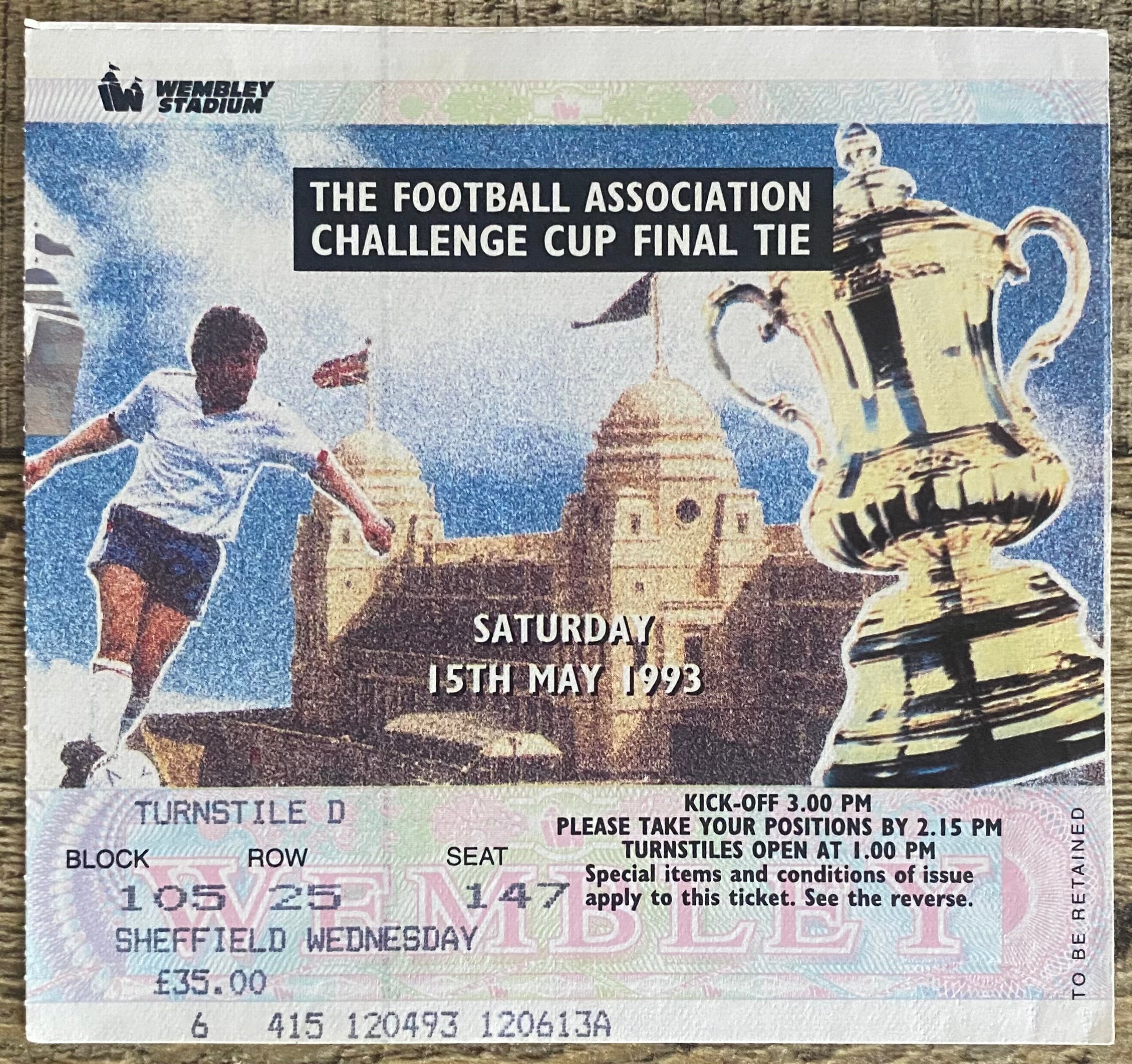 1993 ORIGINAL FA CUP FINAL TICKET ARSENAL V SHEFFIELD WEDNESDAY