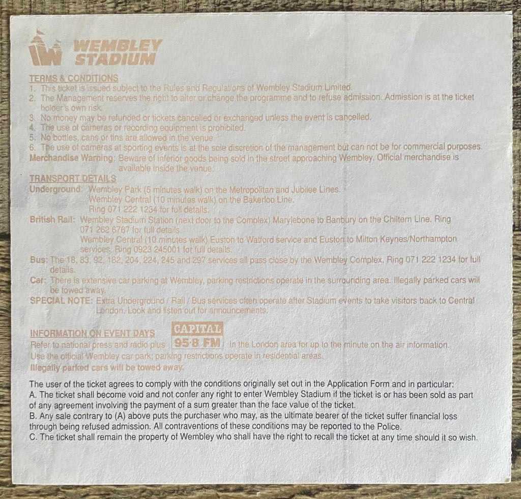1993 ORIGINAL FA CUP FINAL TICKET ARSENAL V SHEFFIELD WEDNESDAY