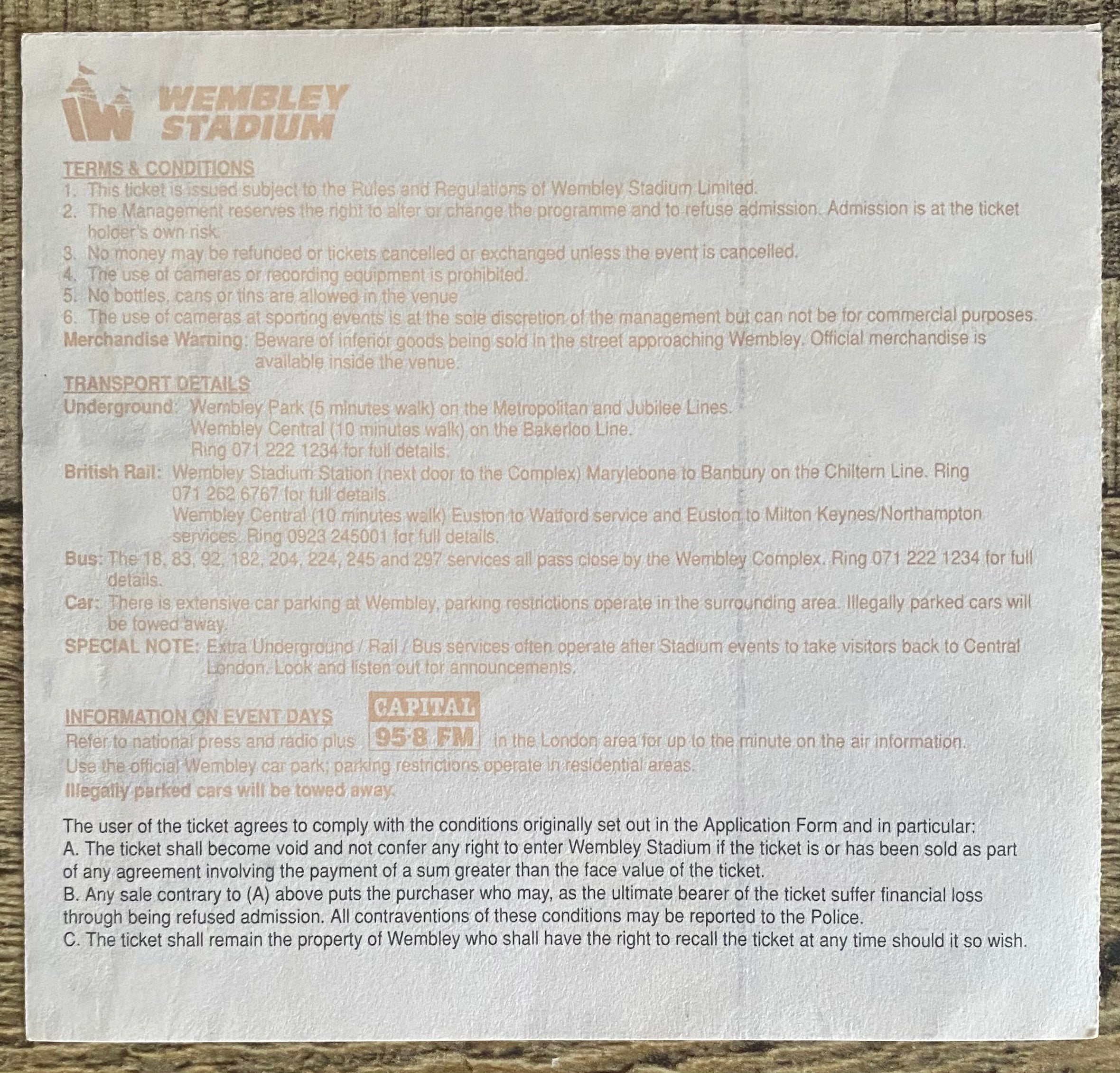 1993 ORIGINAL FA CUP FINAL TICKET ARSENAL V SHEFFIELD WEDNESDAY