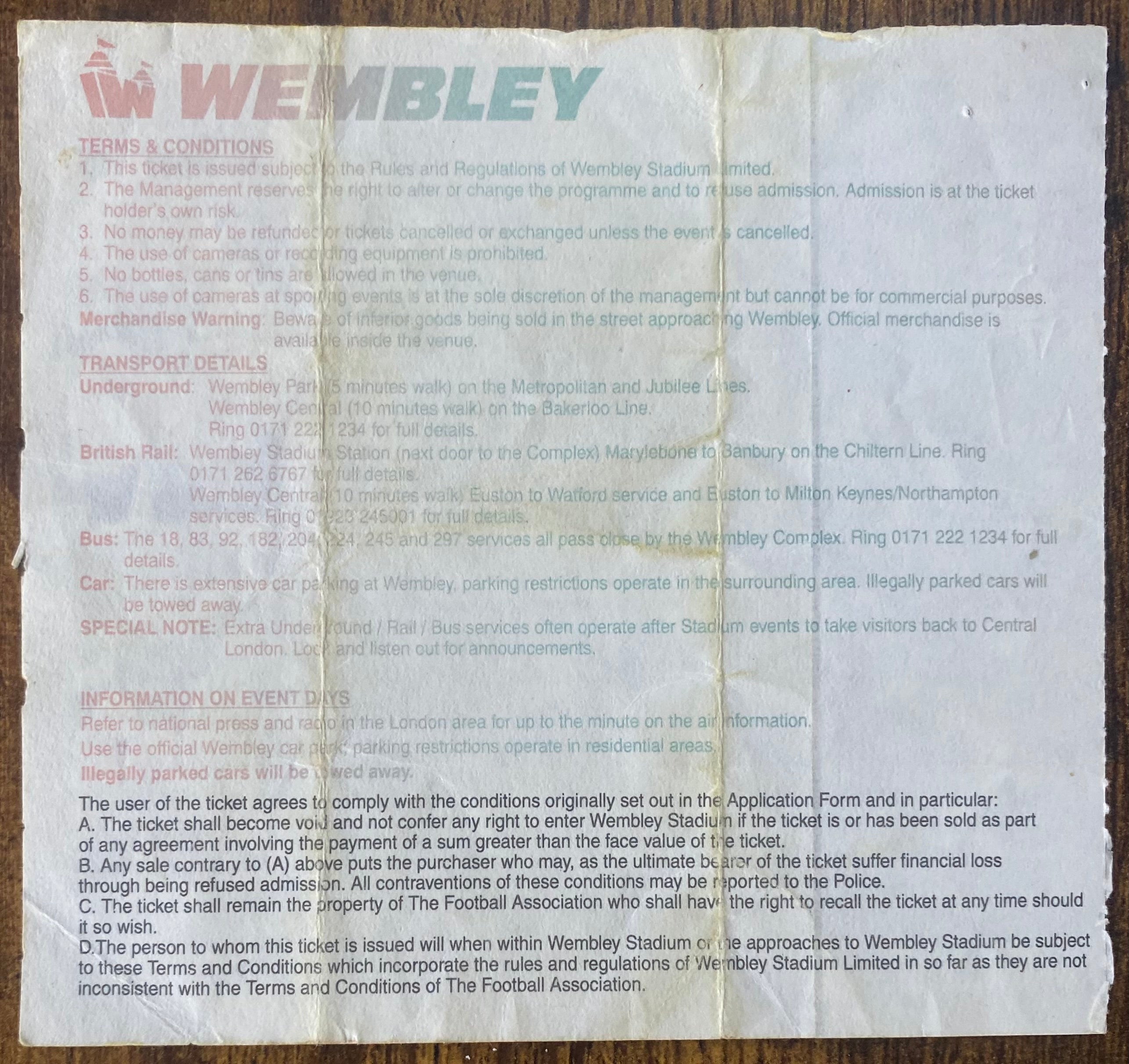 1995 ORIGINAL FA CUP FINAL TICKET MANCHESTER UNITED V EVERTON