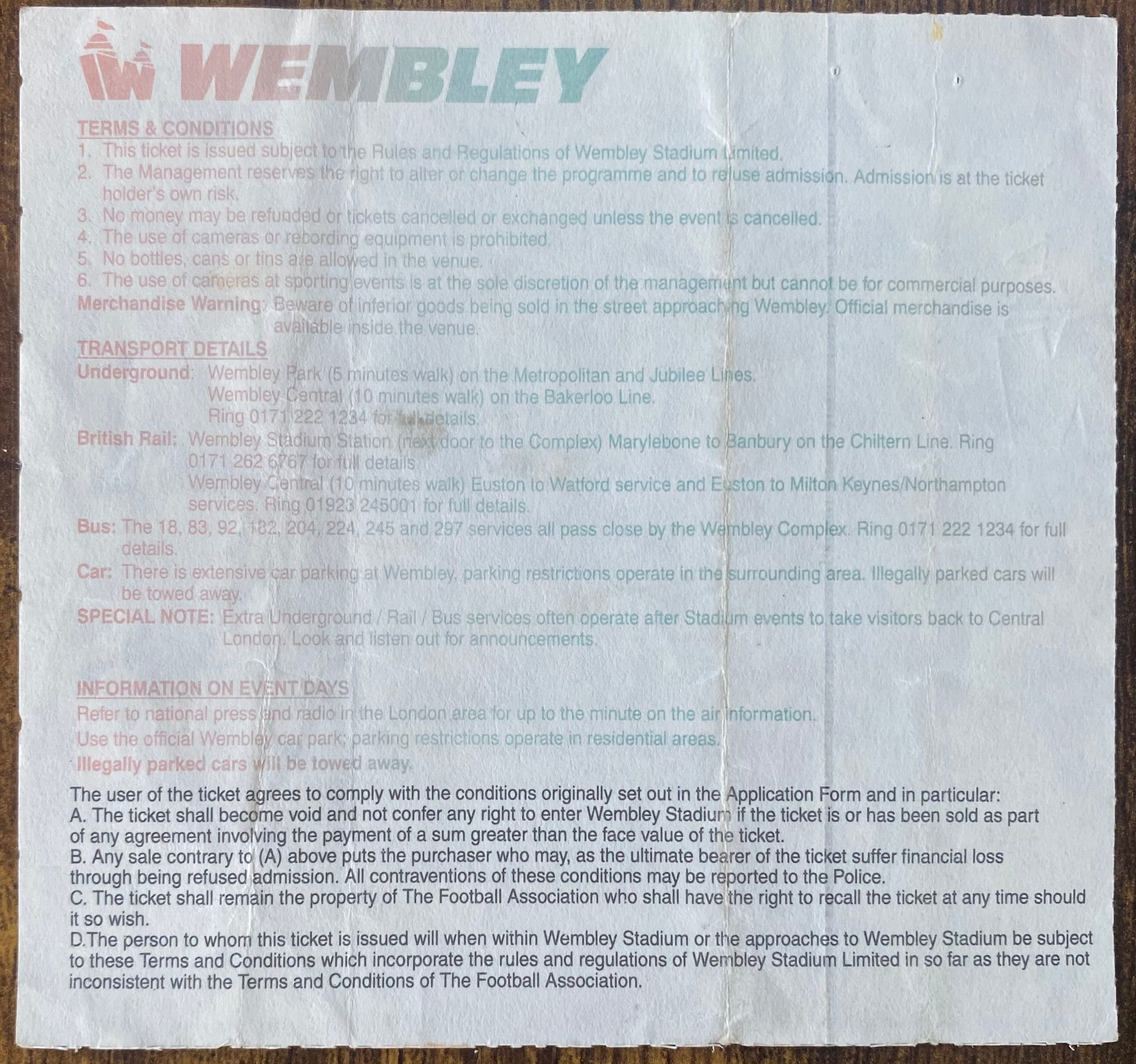 1995 ORIGINAL FA CUP FINAL TICKET MANCHESTER UNITED V EVERTON