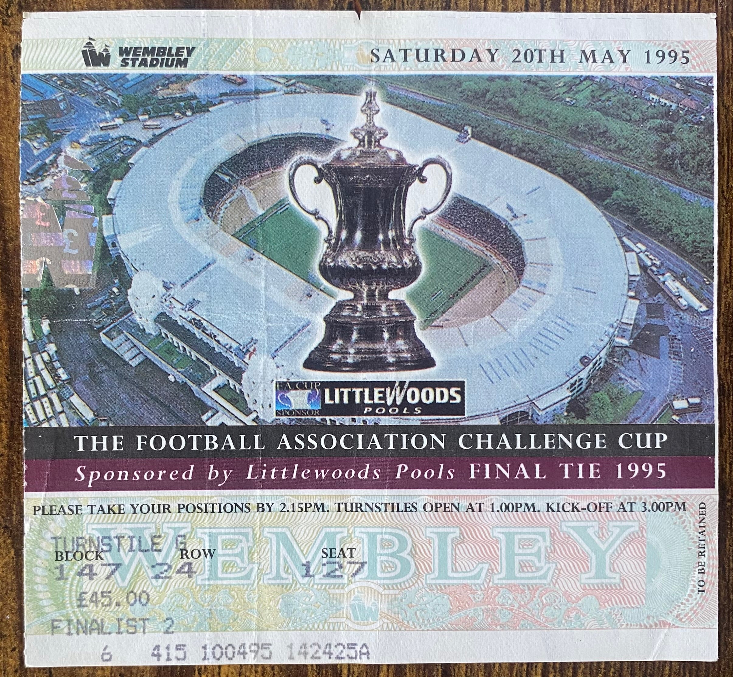 1995 ORIGINAL FA CUP FINAL TICKET MANCHESTER UNITED V EVERTON