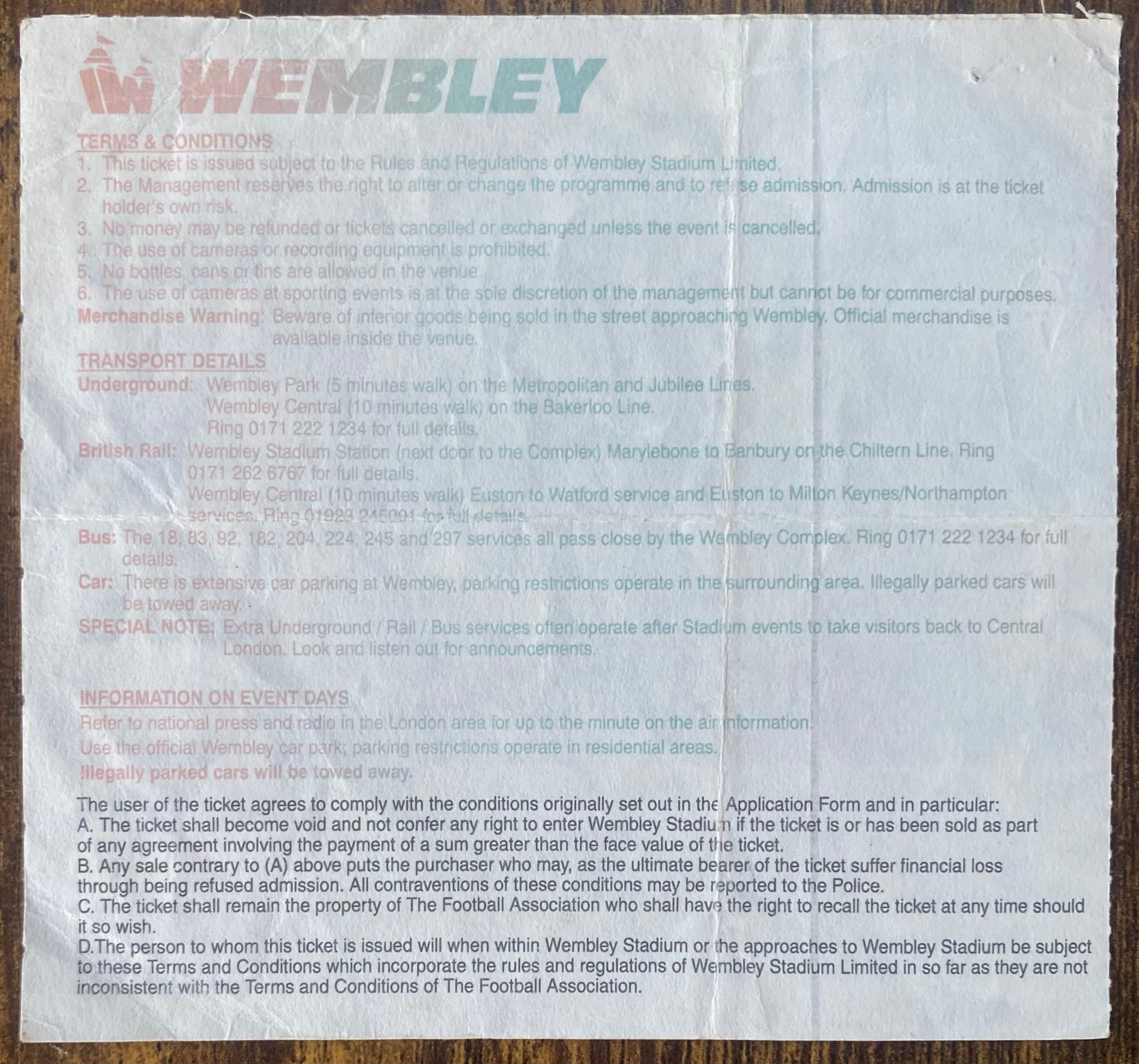 1995 ORIGINAL FA CUP FINAL TICKET MANCHESTER UNITED V EVERTON