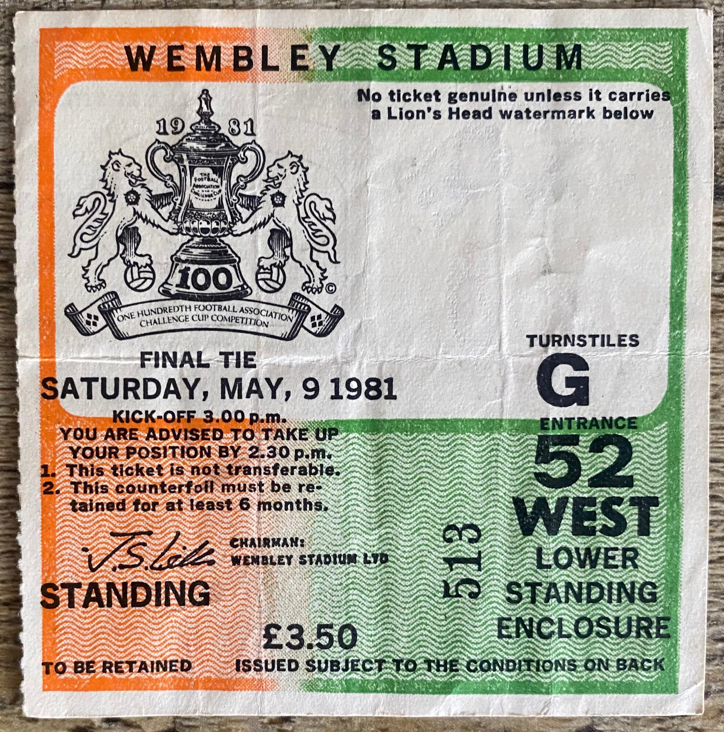1981 ORIGINAL FA CUP FINAL TICKET TOTTENHAM HOTSPUR V MANCHESTER CITY