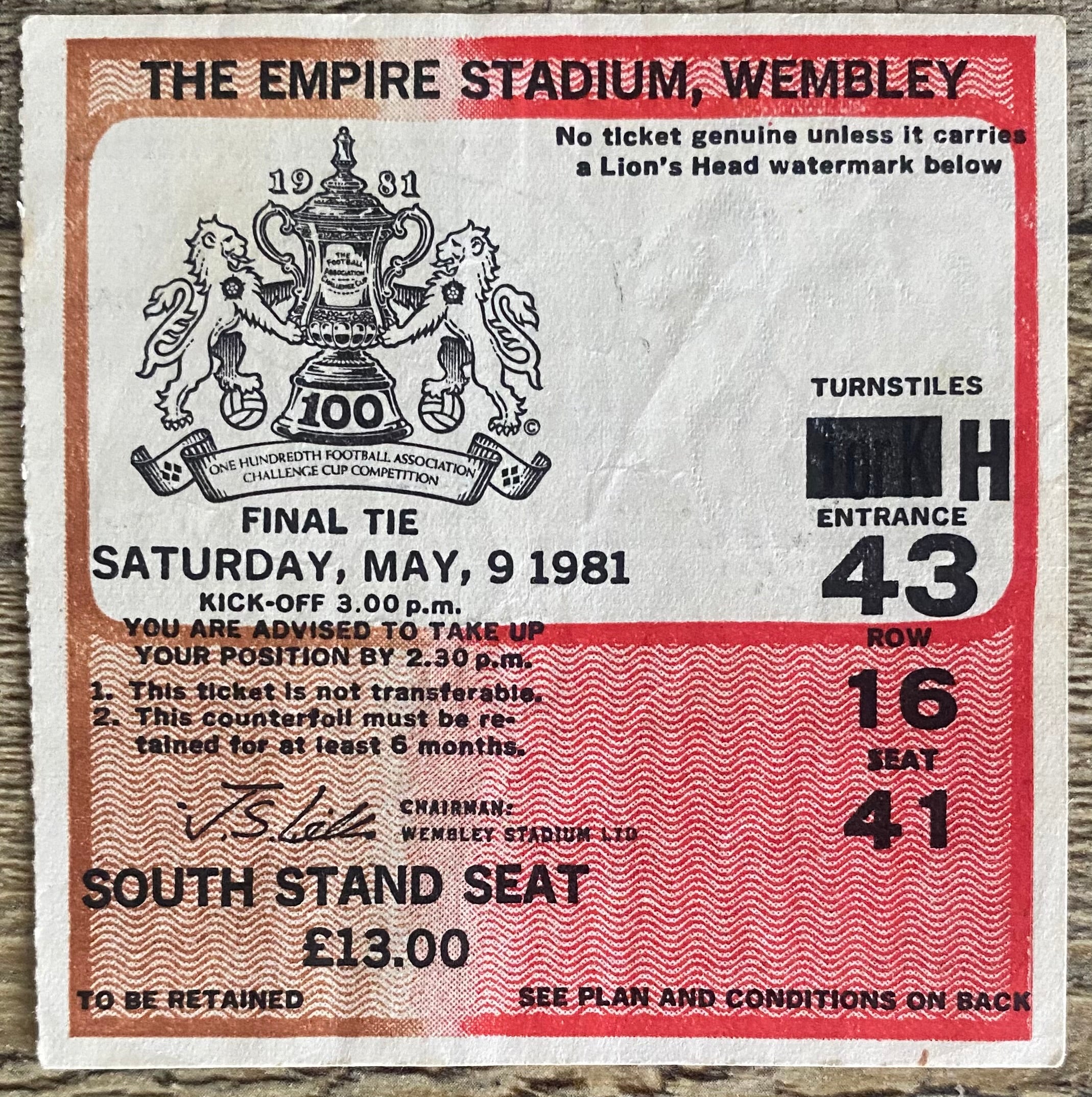 1981 ORIGINAL FA CUP FINAL TICKET TOTTENHAM HOTSPUR V MANCHESTER CITY
