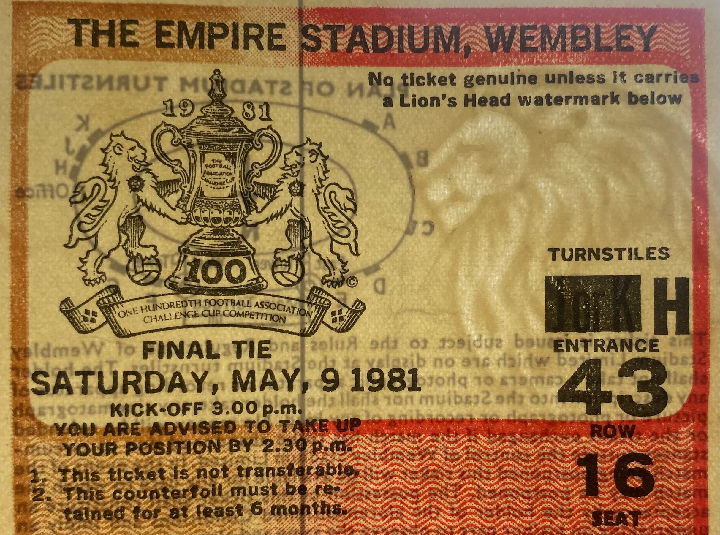 1981 ORIGINAL FA CUP FINAL TICKET TOTTENHAM HOTSPUR V MANCHESTER CITY