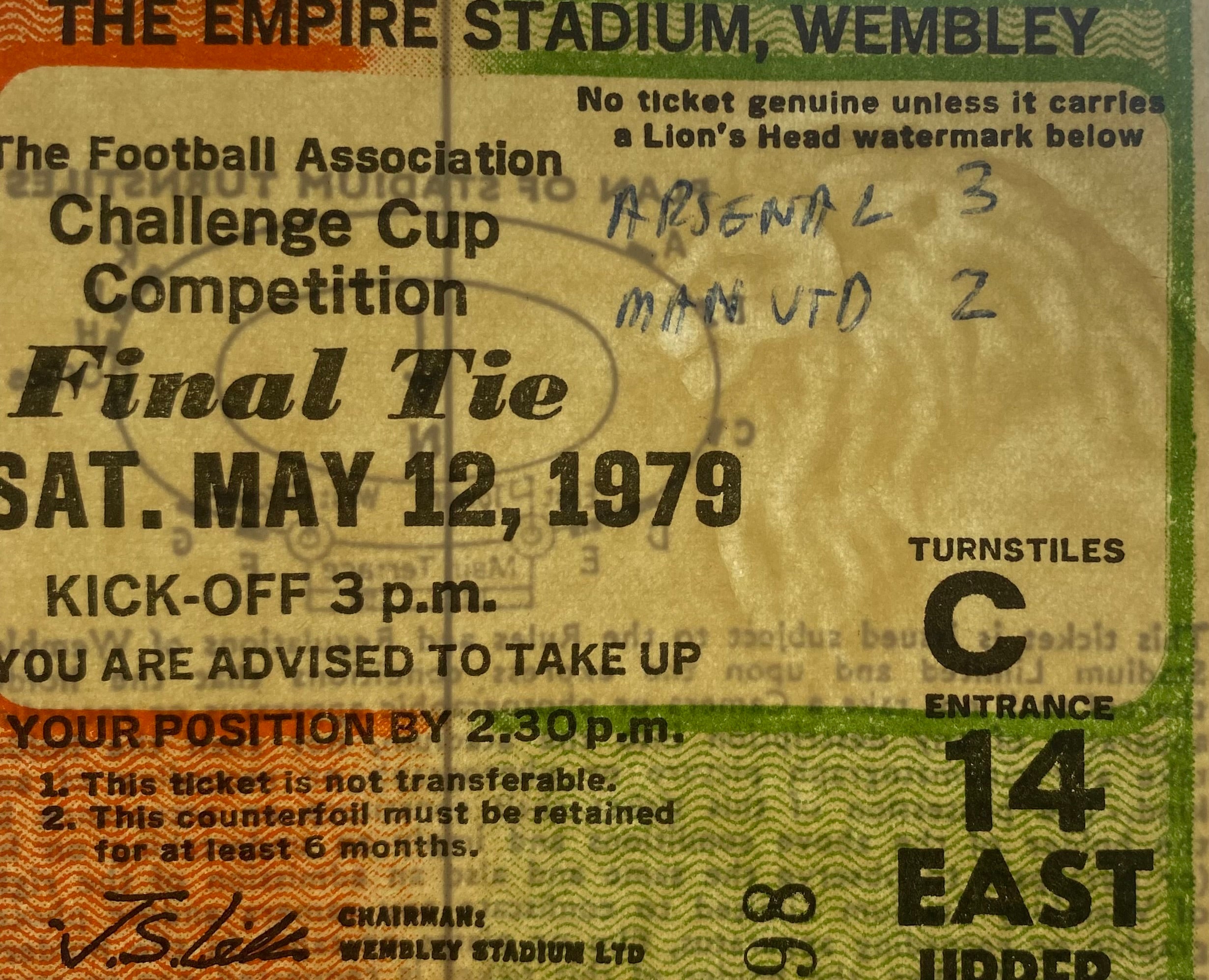 1979 ORIGINAL FA CUP FINAL TICKET ARSENAL V MANCHESTER UNITED