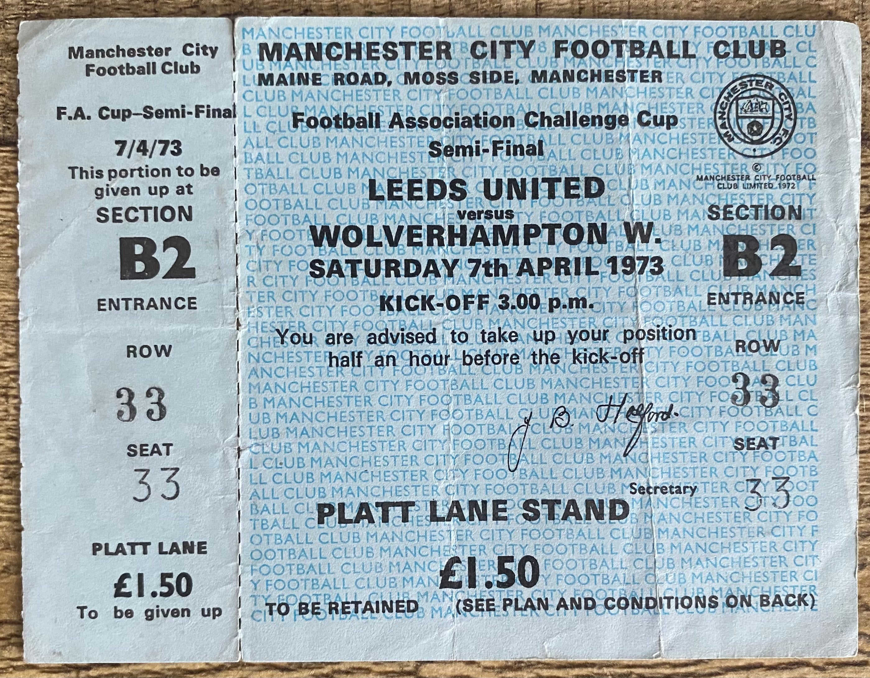 1973 ORIGINAL FA CUP SEMI FINAL UNUSED TICKET LEEDS UNITED V WOLVERHAMPTON WANDERERS @ MAINE ROAD