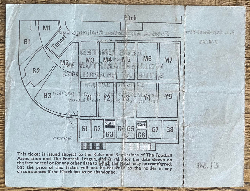 1973 ORIGINAL FA CUP SEMI FINAL UNUSED TICKET LEEDS UNITED V WOLVERHAMPTON WANDERERS @ MAINE ROAD