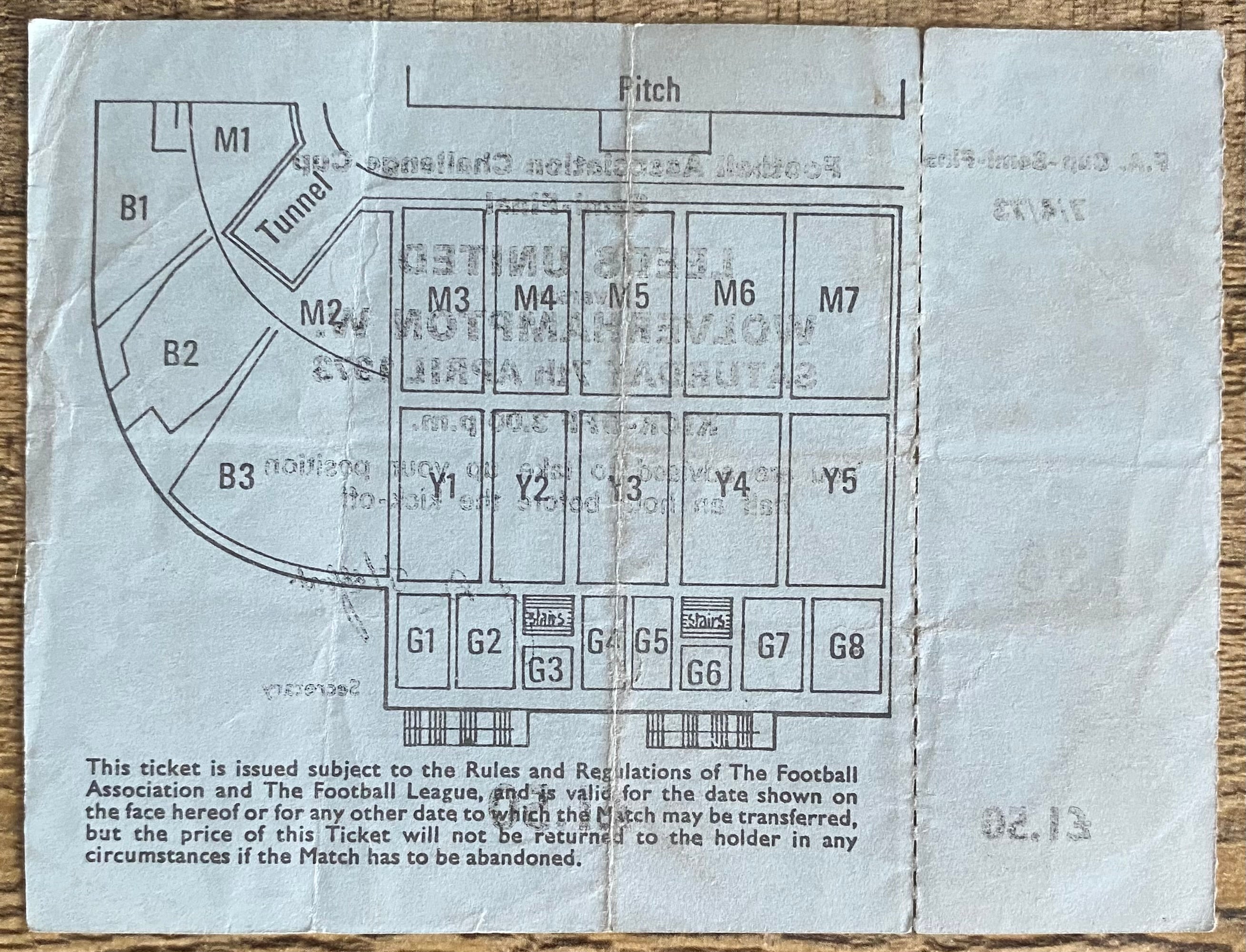 1973 ORIGINAL FA CUP SEMI FINAL UNUSED TICKET LEEDS UNITED V WOLVERHAMPTON WANDERERS @ MAINE ROAD