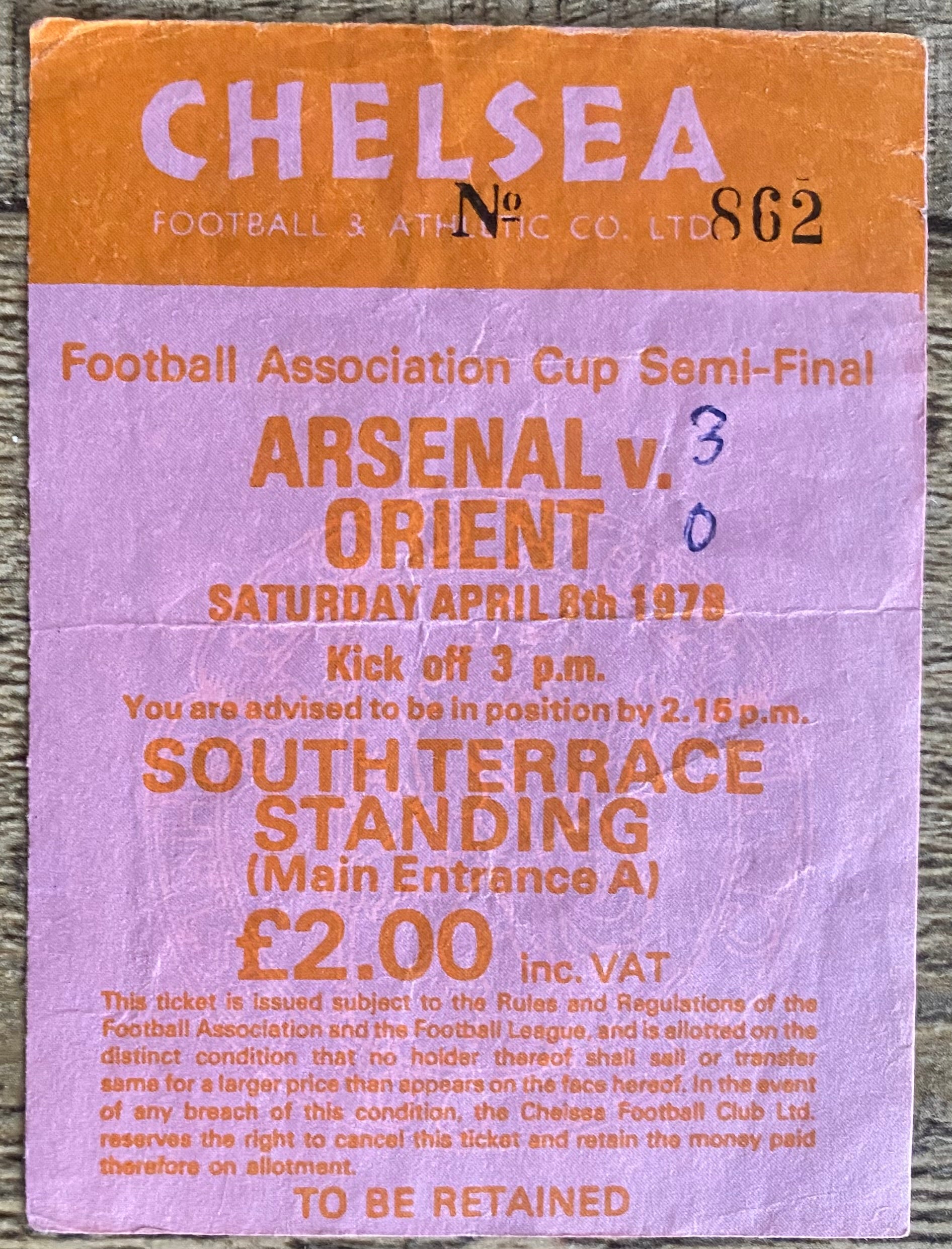 1978 ORIGINAL FA CUP SEMI FINAL TICKET ORIENT V ARSENAL @ STAMFORD BRIDGE