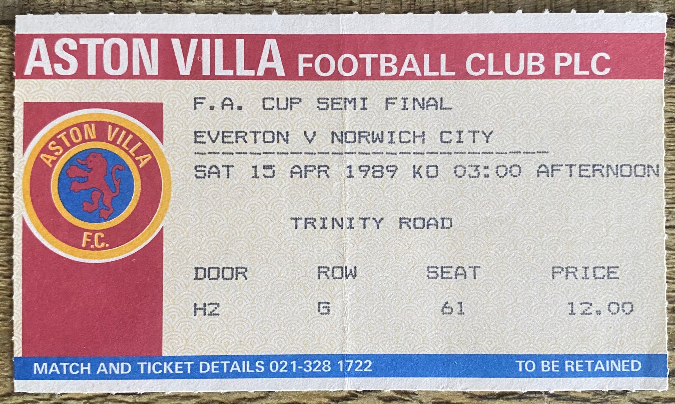 1989 ORIGINAL FA CUP SEMI FINAL TICKET EVERTON V NORWICH CITY @ VILLA PARK