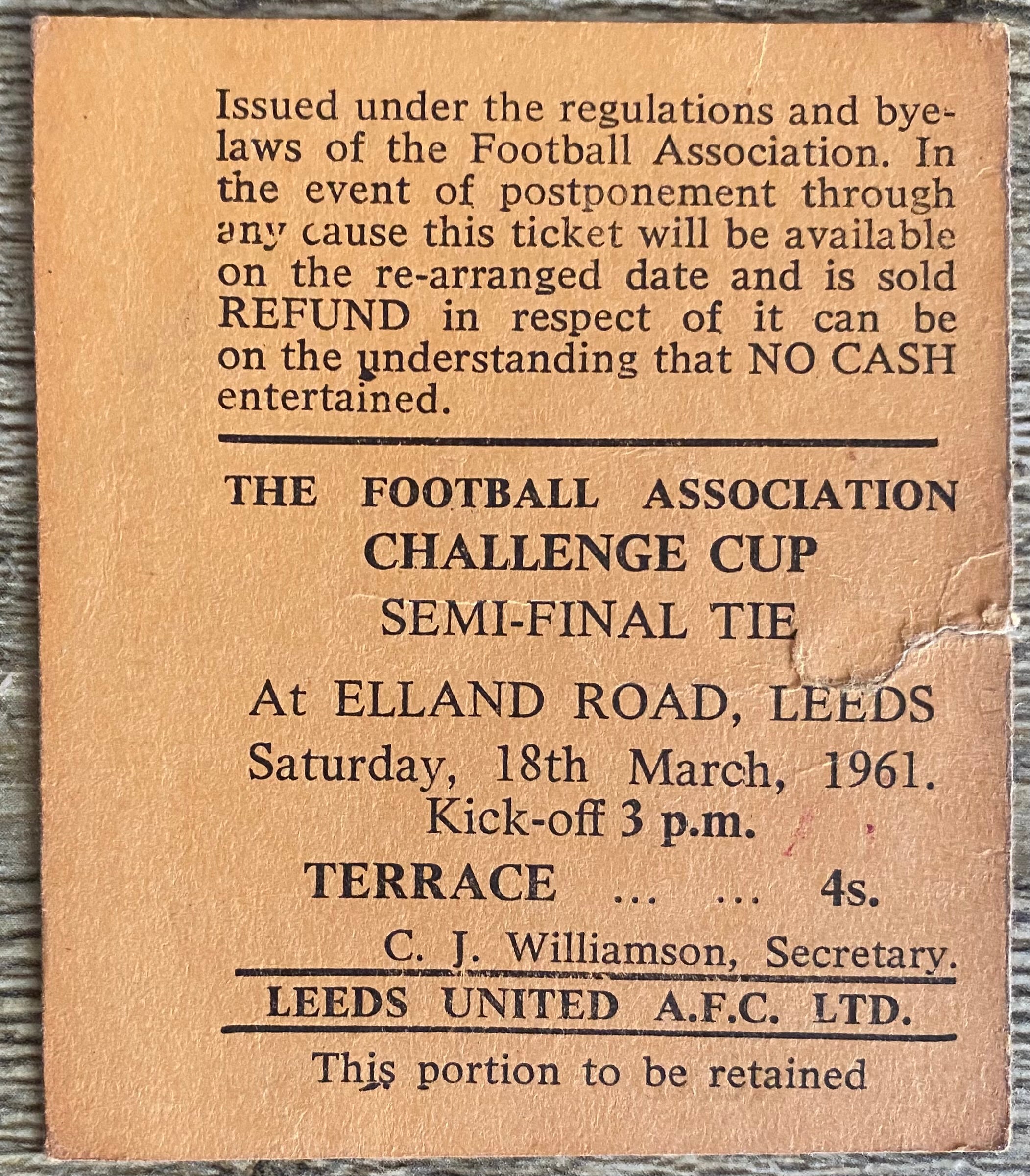 1961 ORIGINAL FA CUP SEMI FINAL TICKET LEICESTER CITY V SHEFFIELD UNITED @ ELLAND ROAD