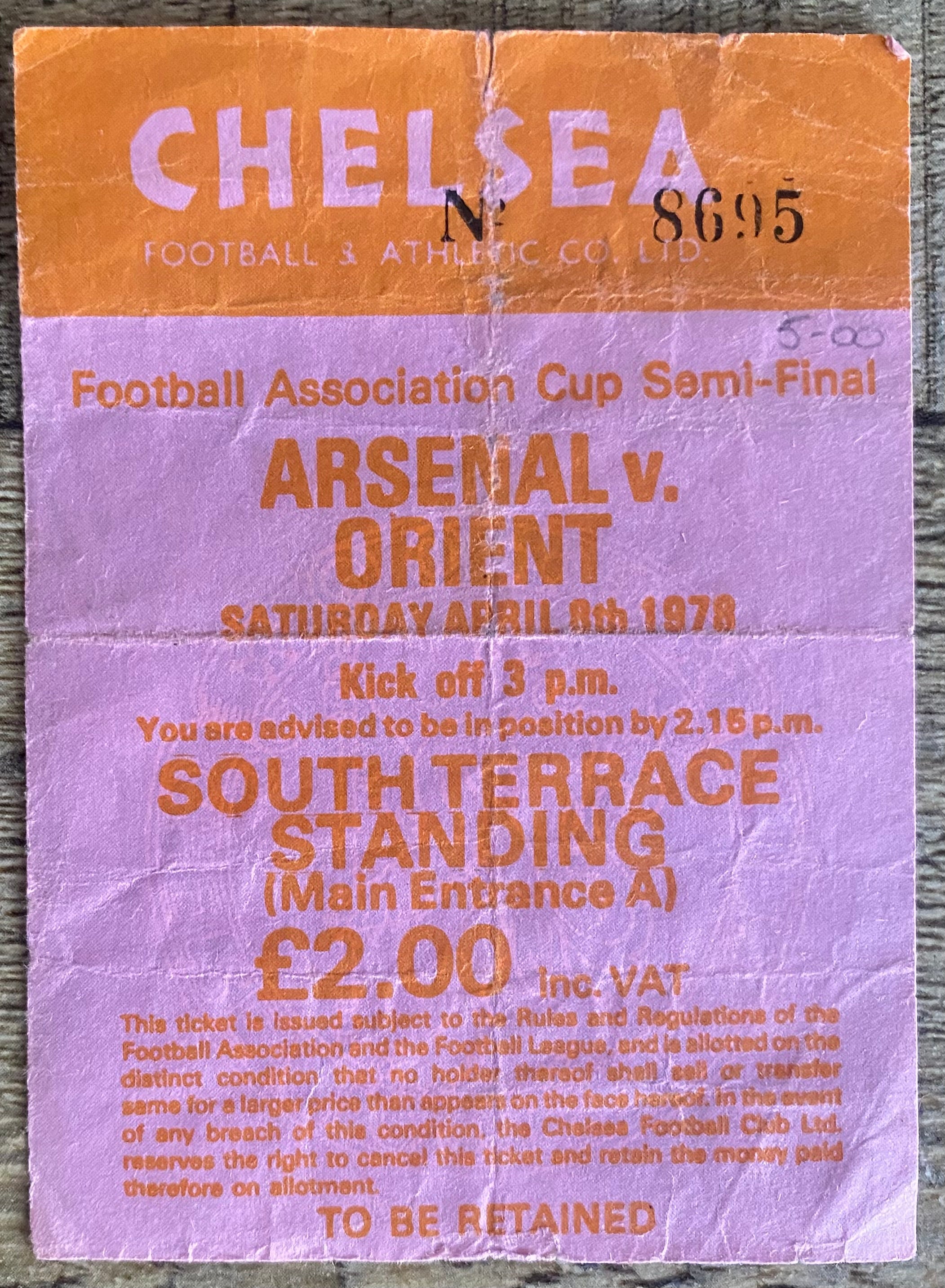 1978 ORIGINAL FA CUP SEMI FINAL TICKET ORIENT V ARSENAL @ STAMFORD BRIDGE