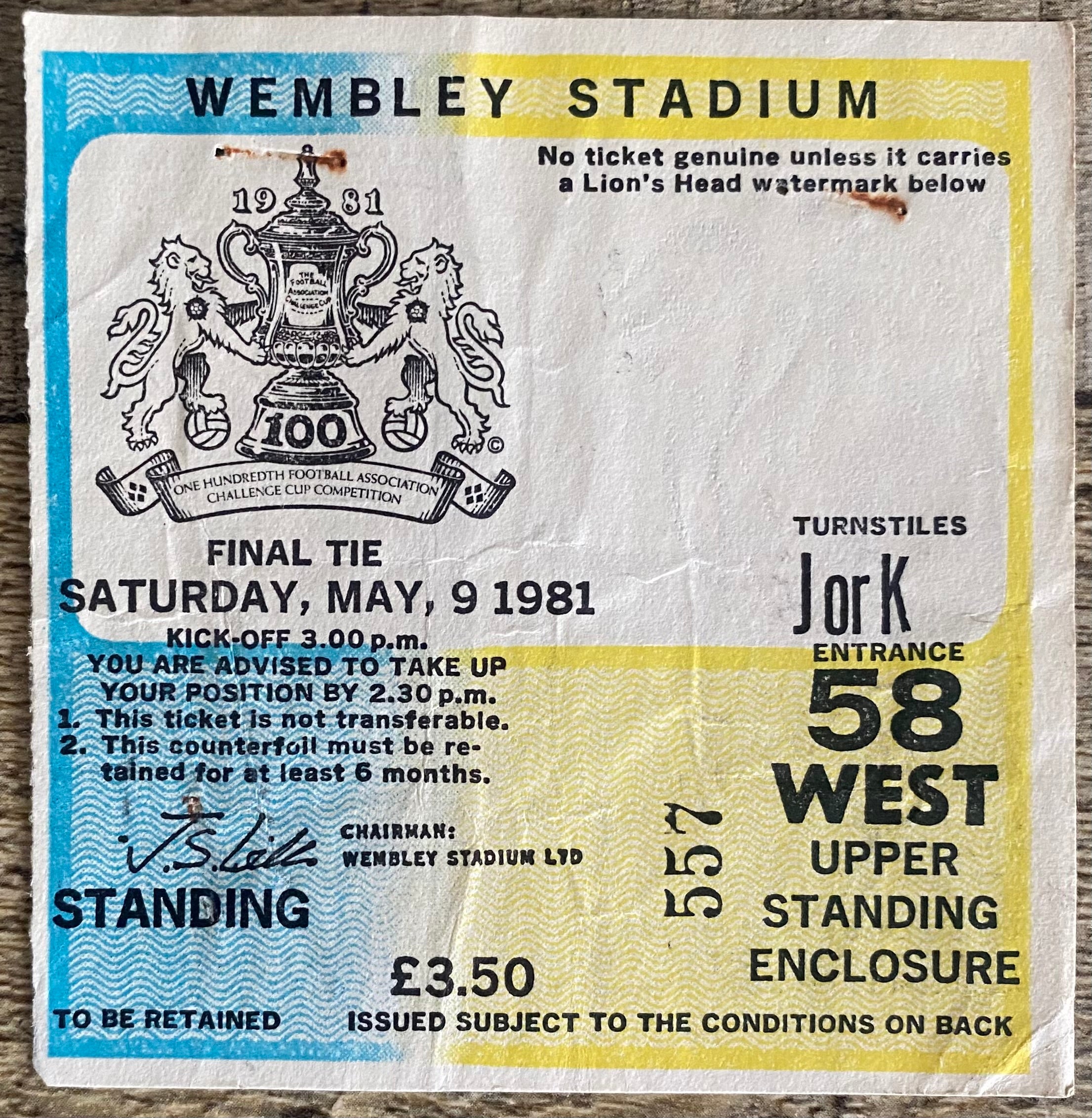 1981 ORIGINAL FA CUP FINAL TICKET TOTTENHAM HOTSPUR V MANCHESTER CITY
