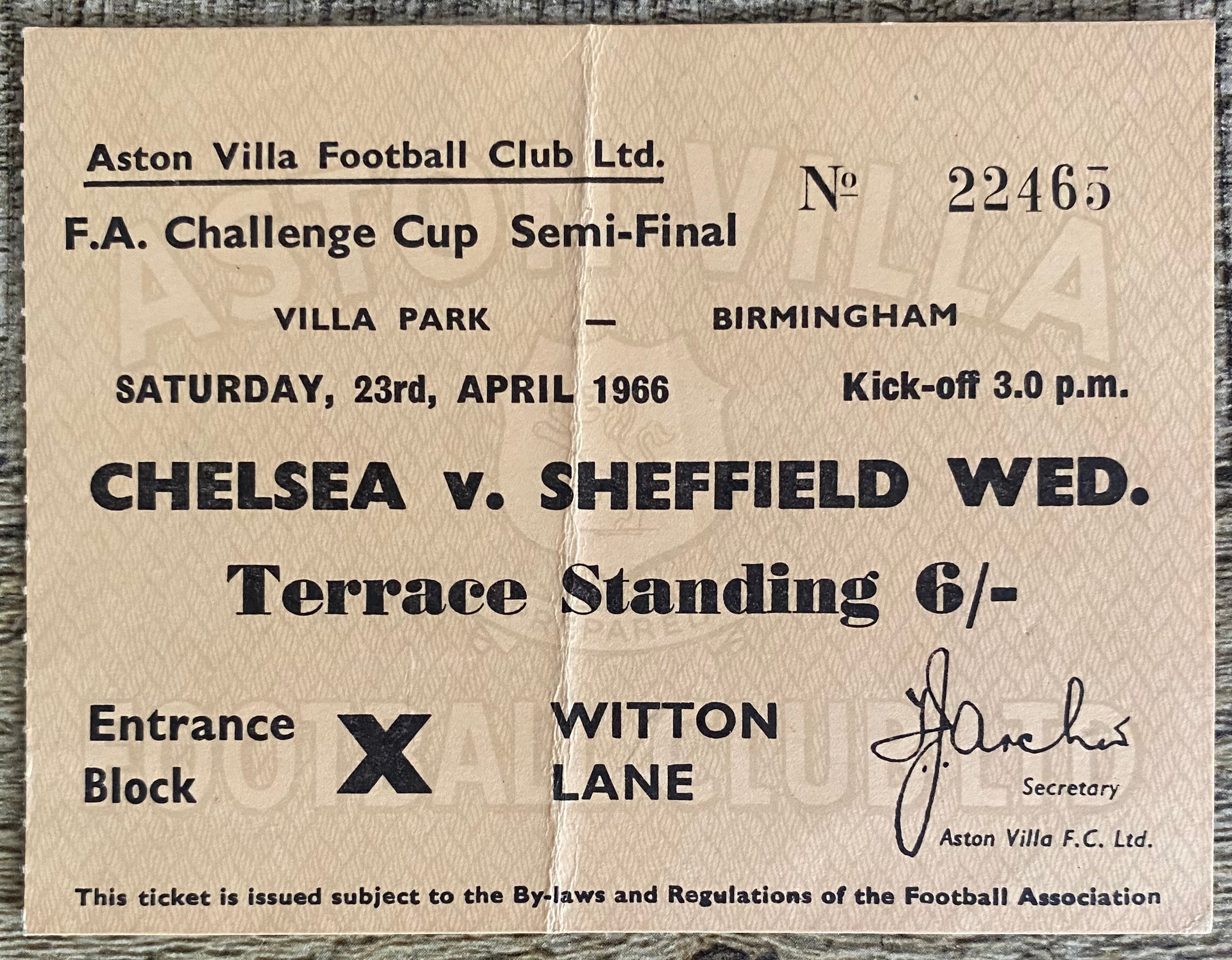 1966 ORIGINAL FA CUP SEMI FINAL TICKET CHELSEA V SHEFFIELD WEDNESDAY @VILLA PARK