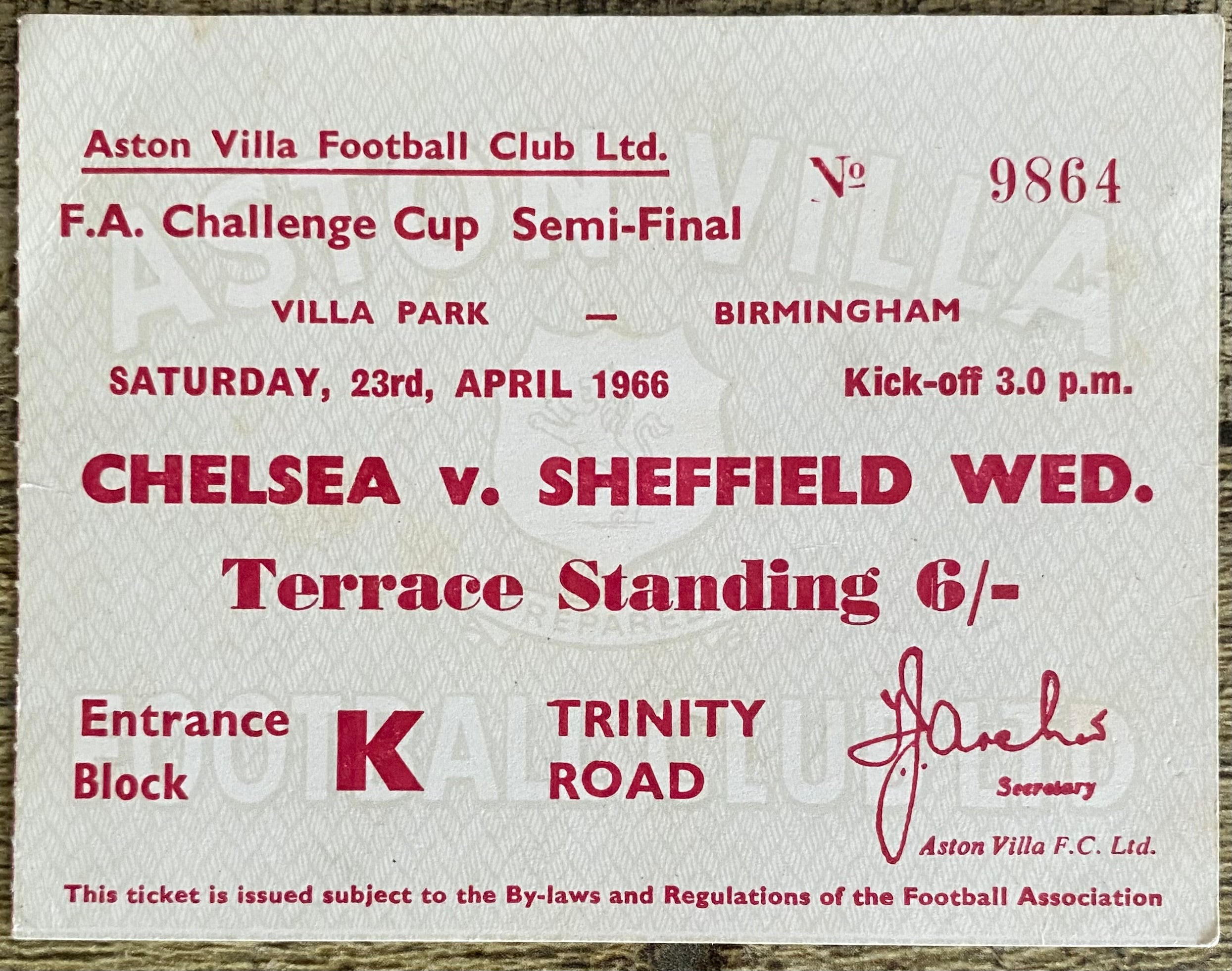 1966 ORIGINAL FA CUP SEMI FINAL TICKET CHELSEA V SHEFFIELD WEDNESDAY @VILLA PARK