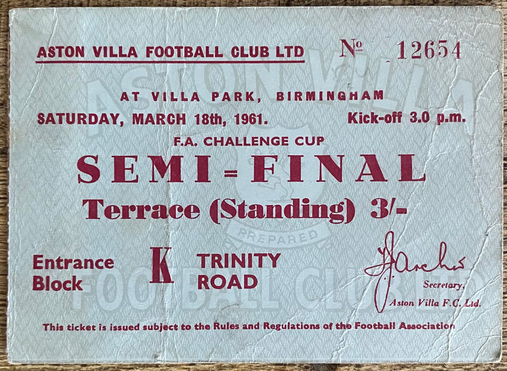 1961 ORIGINAL FA CUP SEMI FINAL TICKET TOTTENHAM HOTSPUR V BURNLEY @VILLA PARK