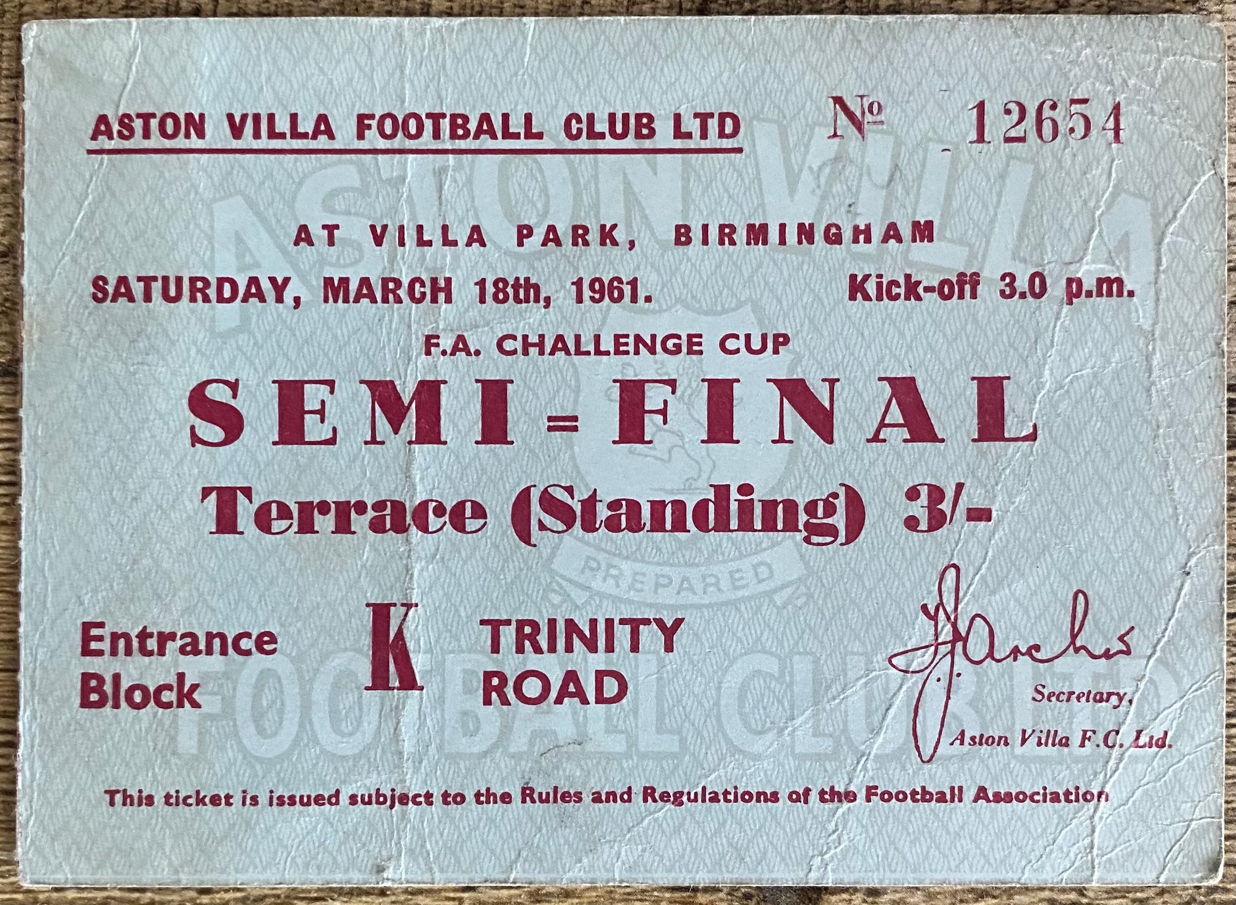 1961 ORIGINAL FA CUP SEMI FINAL TICKET TOTTENHAM HOTSPUR V BURNLEY @VILLA PARK
