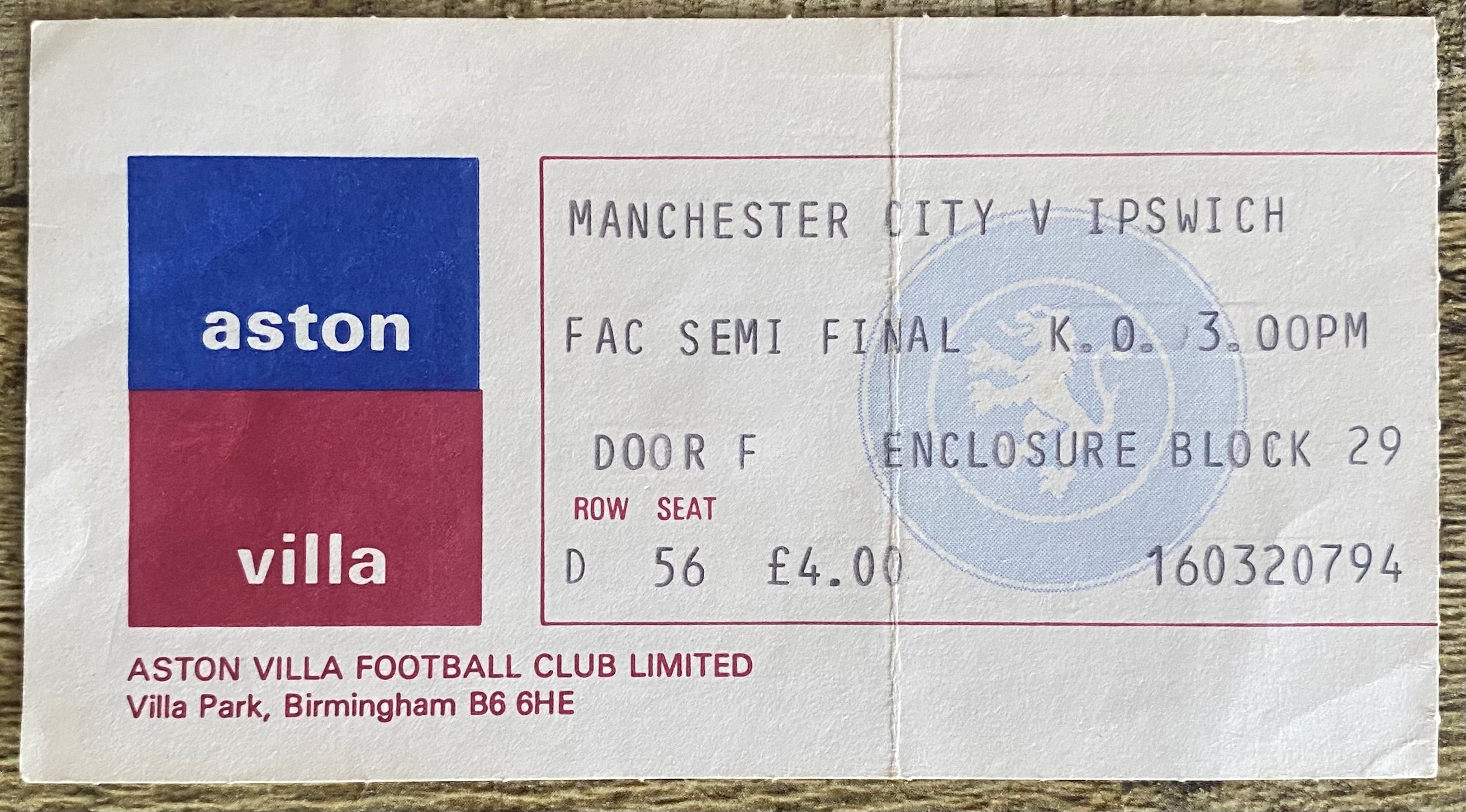 1981 ORIGINAL FA CUP SEMI FINAL TICKET MANCHESTER CITY V IPSWICH TOWN @VILLA PARK