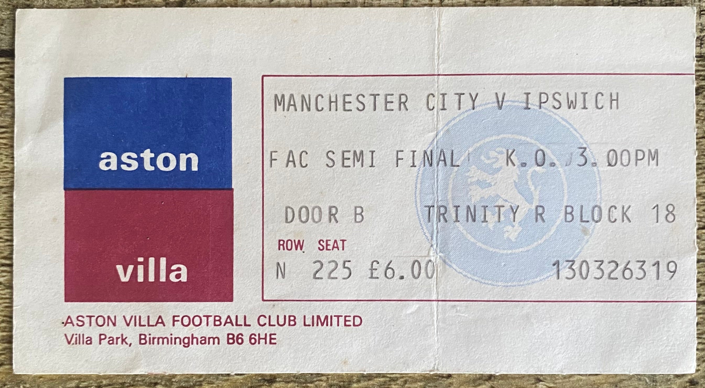 1981 ORIGINAL FA CUP SEMI FINAL TICKET MANCHESTER CITY V IPSWICH TOWN @VILLA PARK