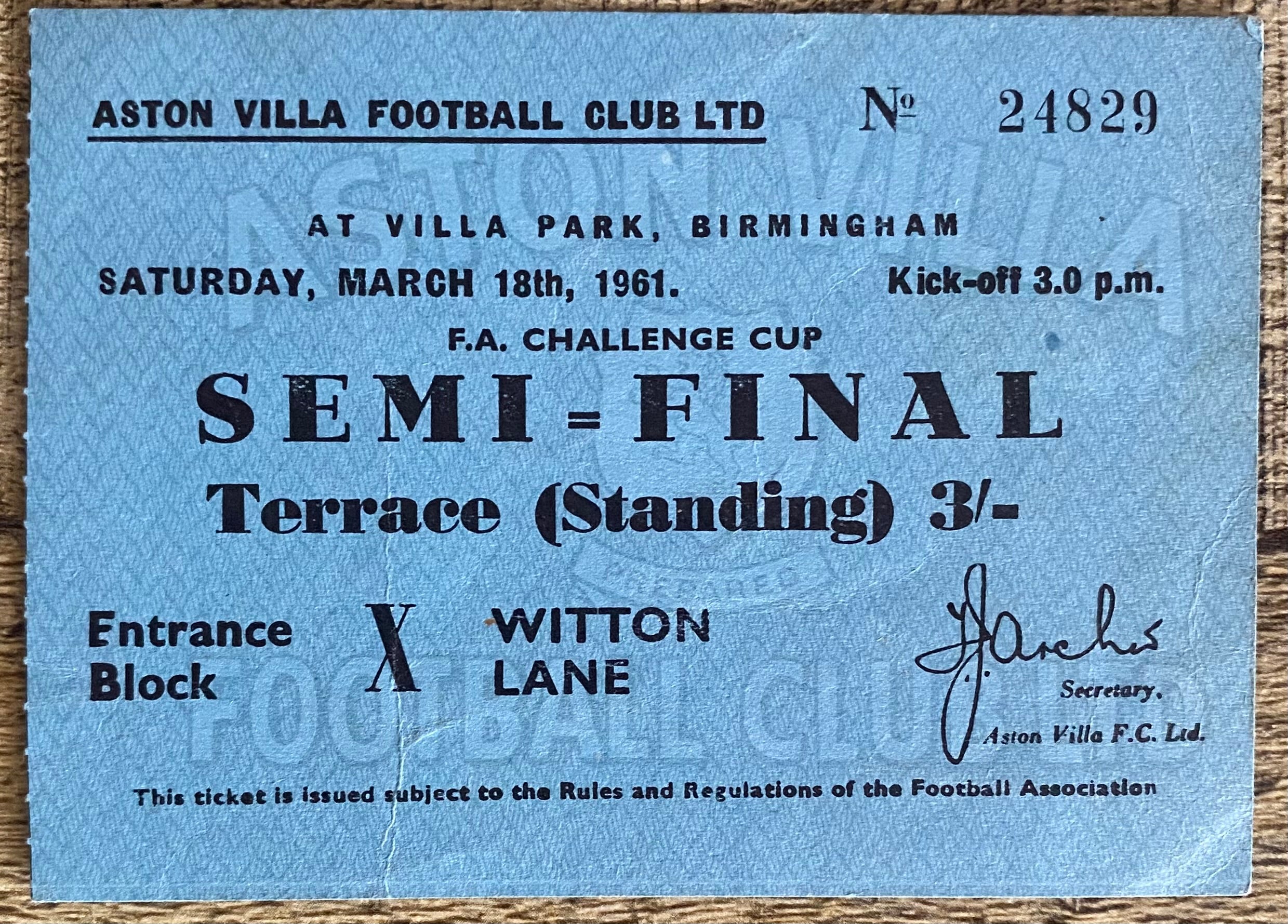 1961 ORIGINAL FA CUP SEMI FINAL TICKET TOTTENHAM HOTSPUR V BURNLEY @VILLA PARK