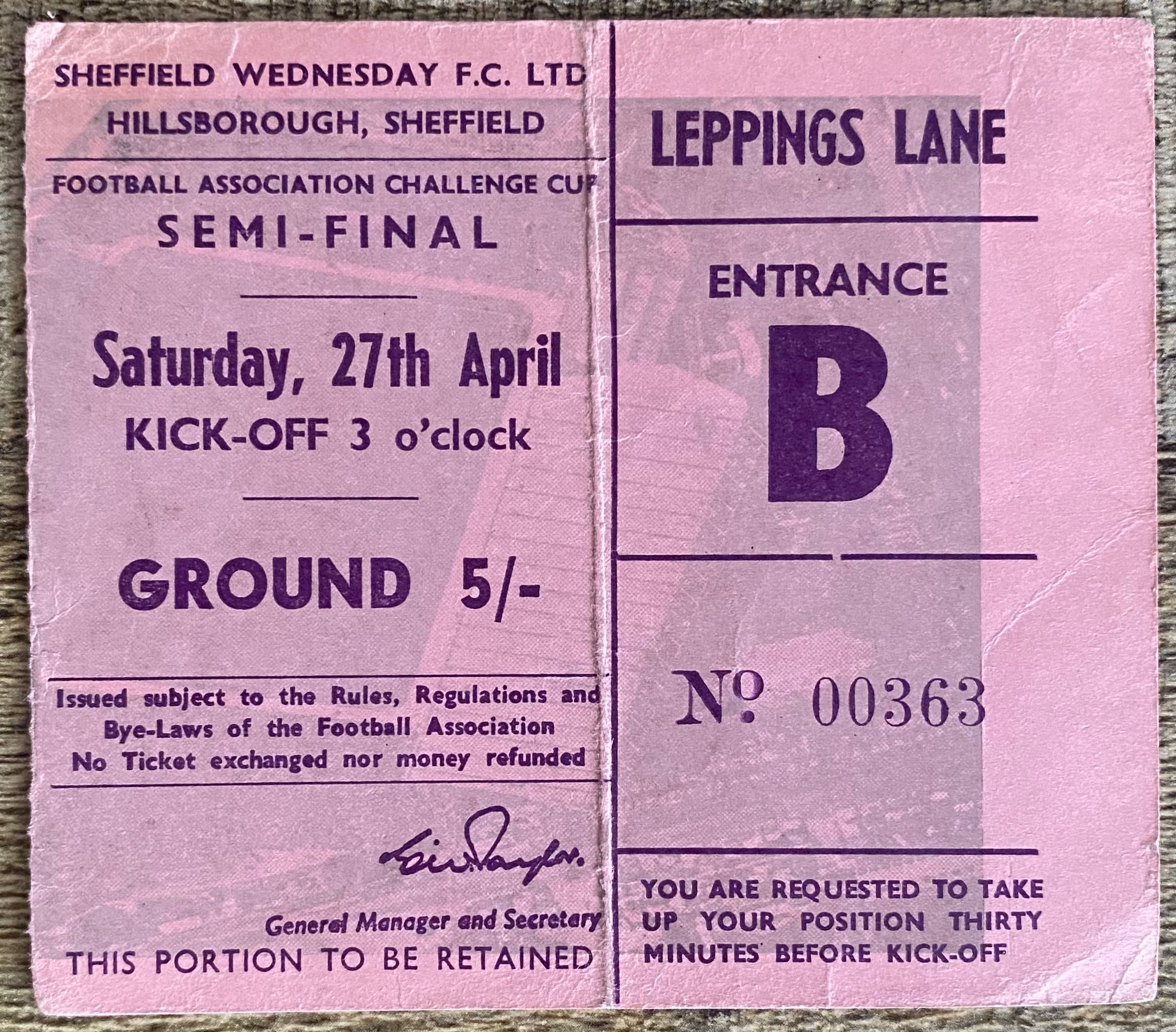 1963 ORIGINAL FA CUP SEMI FINAL TICKET LIVERPOOL V LEICESTER CITY @ HILLSBOROUGH