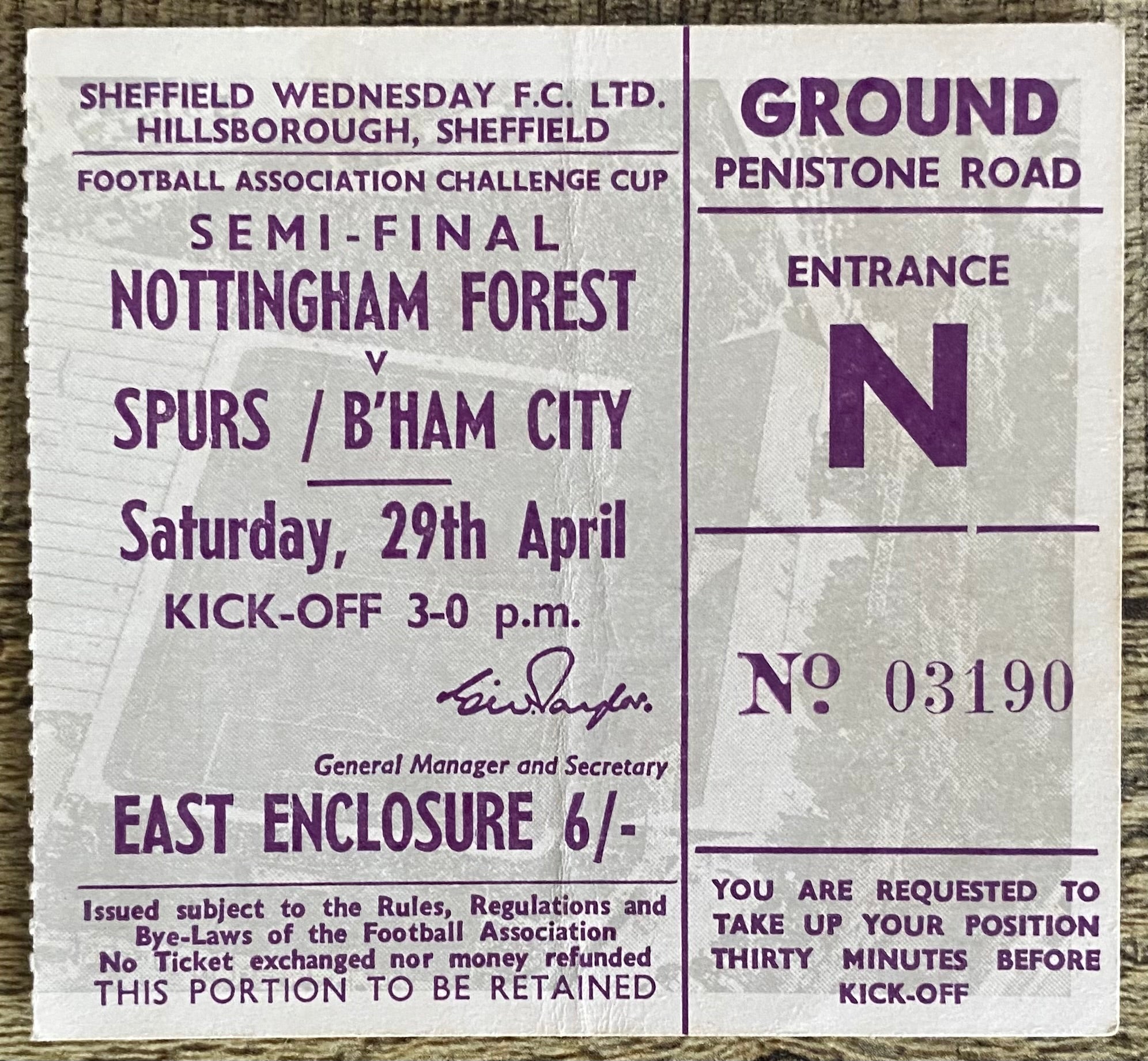 1967 ORIGINAL FA CUP SEMI FINAL TICKET TOTTENHAM HOTSPUR V BIRMINGHAM CITY @ HILLSBOROUGH