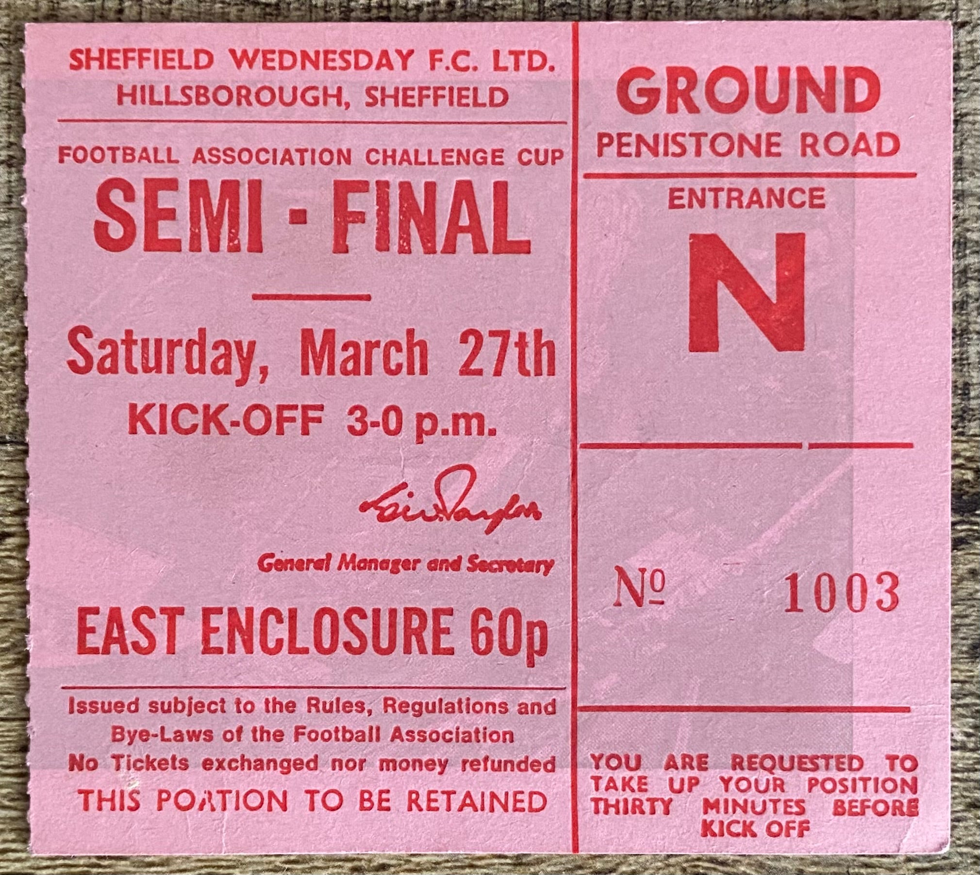 1971 ORIGINAL FA CUP SEMI FINAL TICKET STOKE CITY V ARSENAL @ HILLSBOROUGH